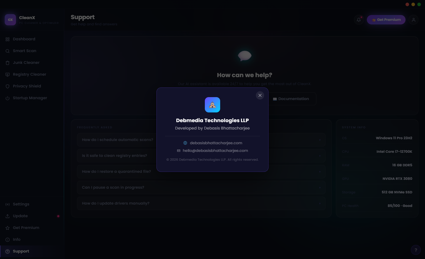 CleanX Support screen showing How Can We Help support panel, About popup with version and developer information, and FAQ accordion list