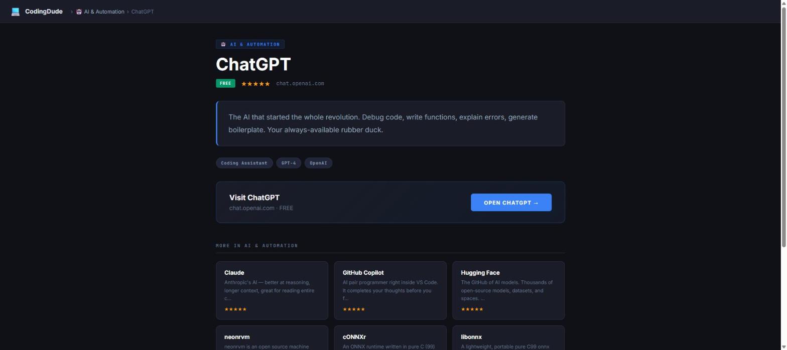 Coding Dude resource detail page for ChatGPT with description, tags and related tools