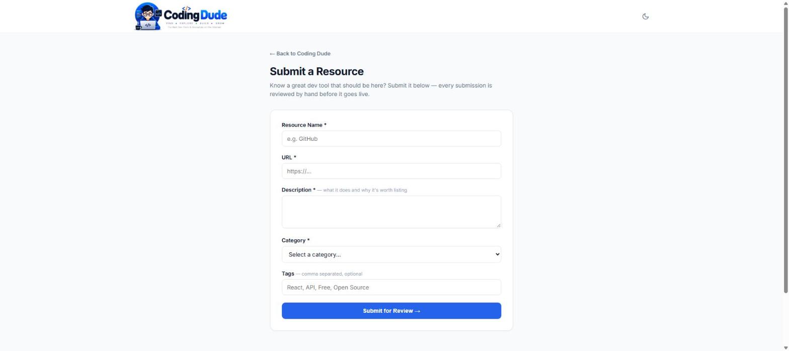 Coding Dude Submit a Resource form with name, URL, description, category and tags fields