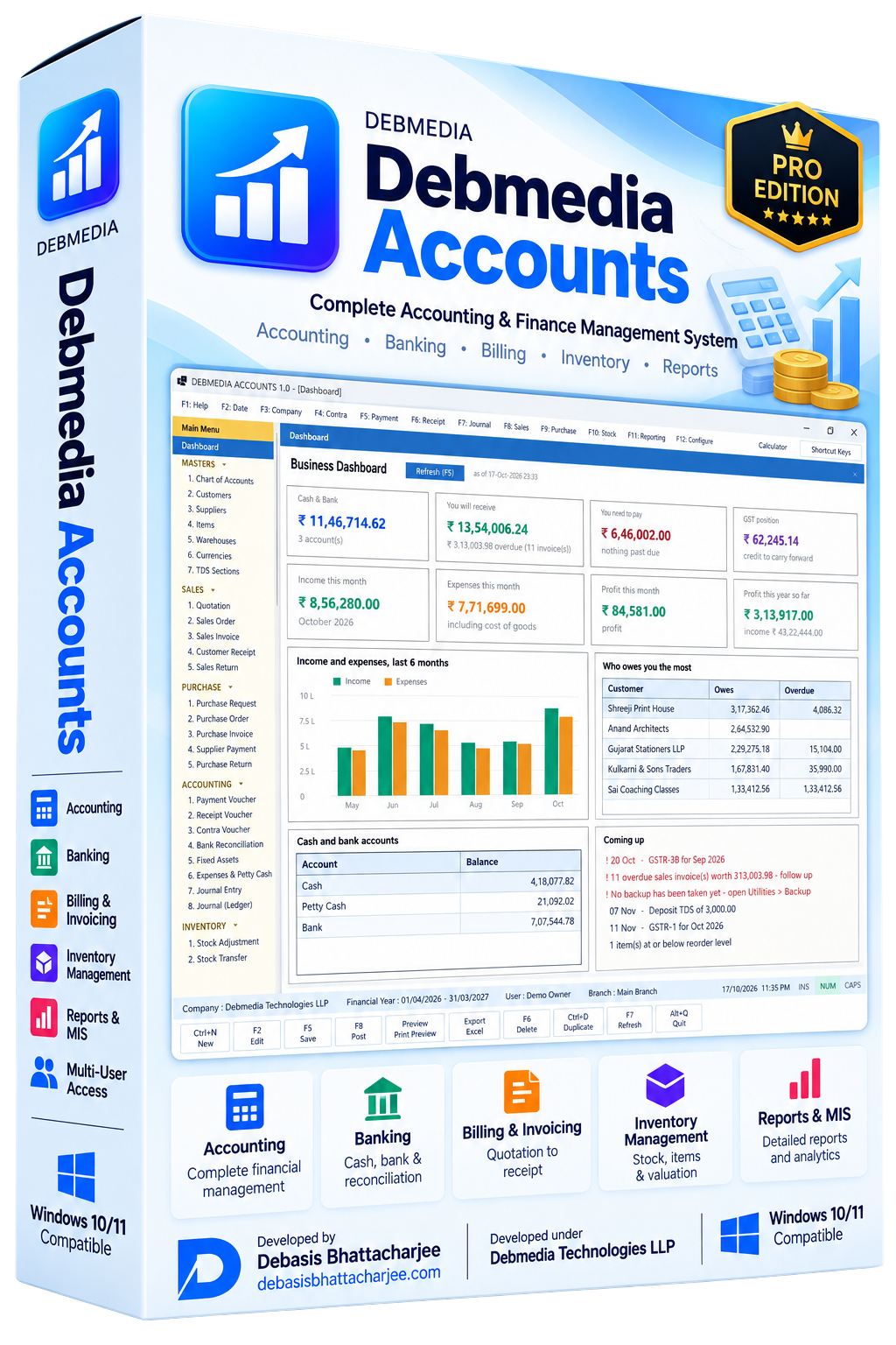 Debmedia Accounts Pro Edition software box with the Business Dashboard screenshot