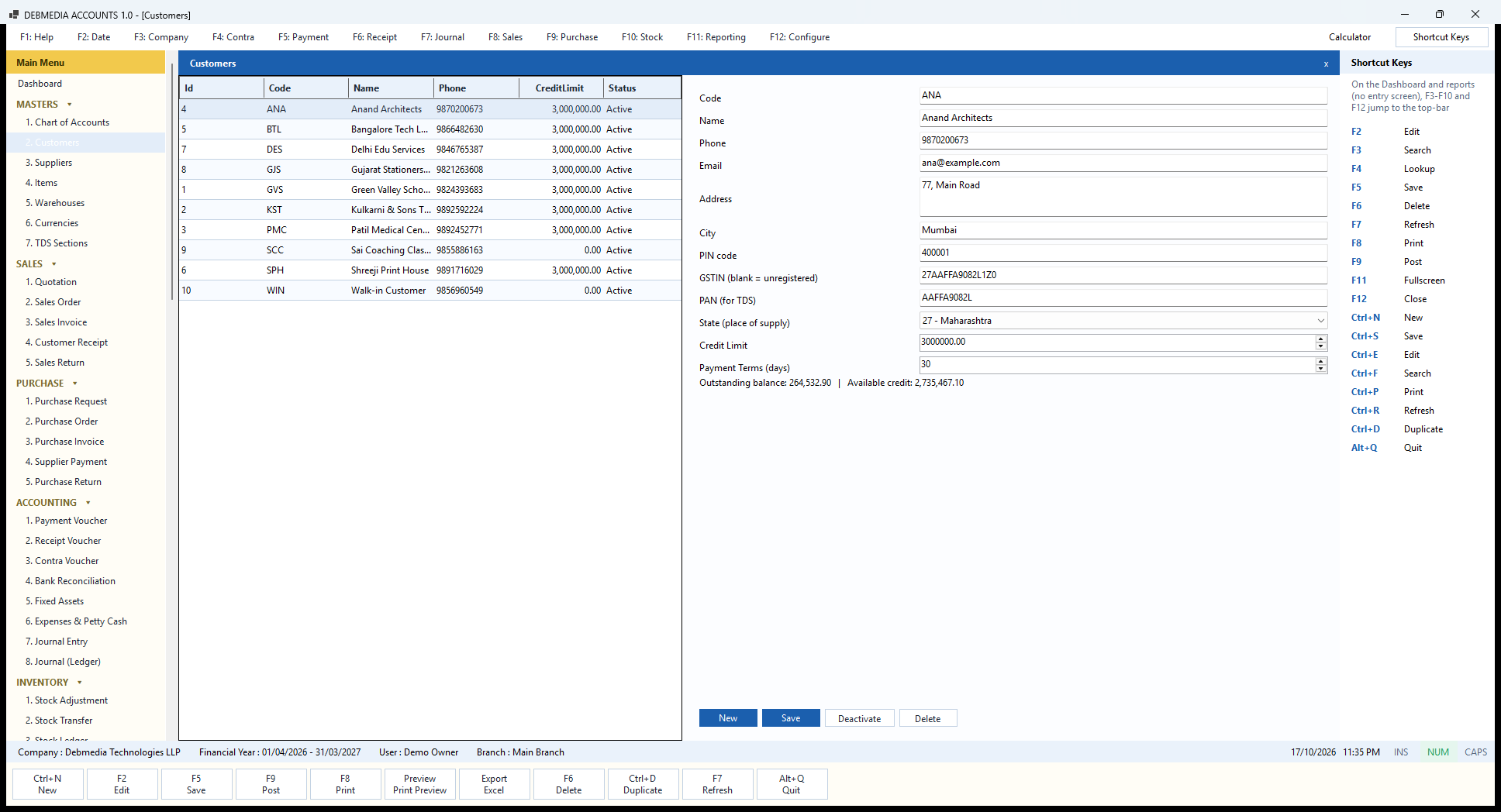Debmedia Accounts Customers: The Customers master: the list on the left, and on the right the full record of the selected customer with GSTIN, PAN, state, credit limit, payment terms and the live outstanding balance.