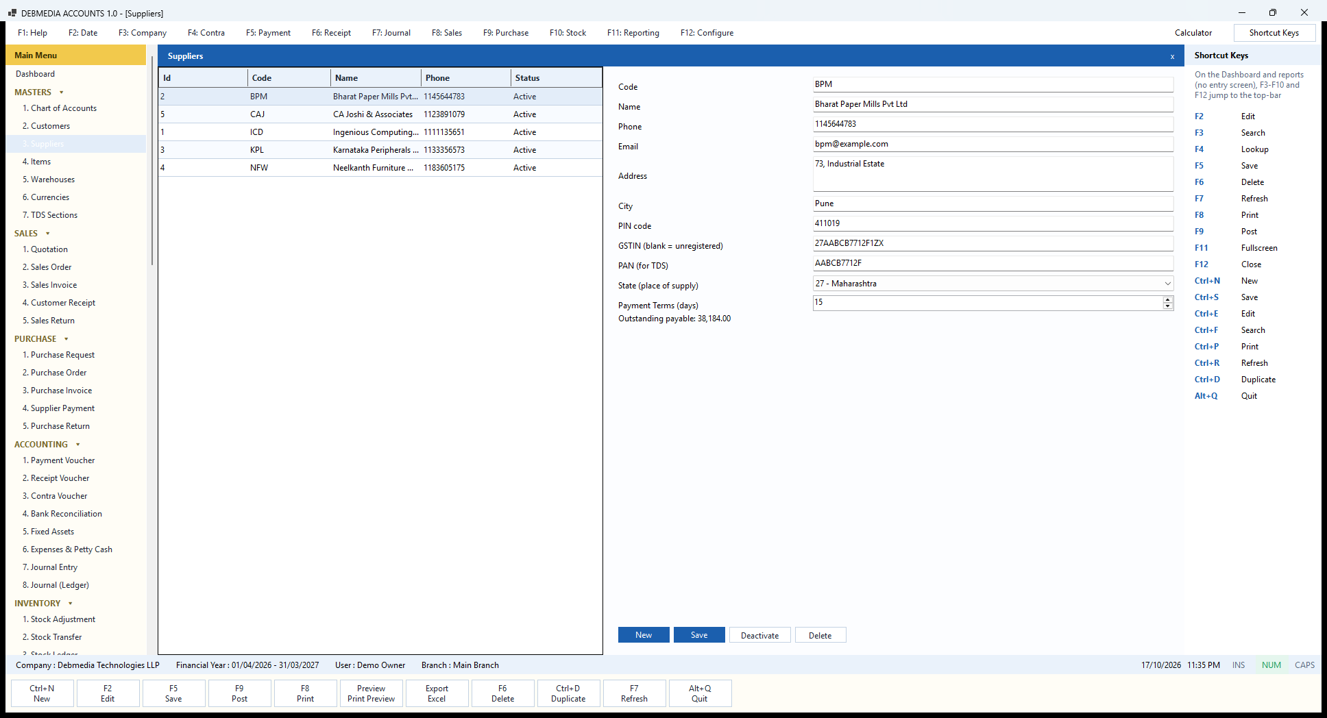 Debmedia Accounts Suppliers: The Suppliers master: GSTIN, PAN, state, payment terms and the live amount payable.