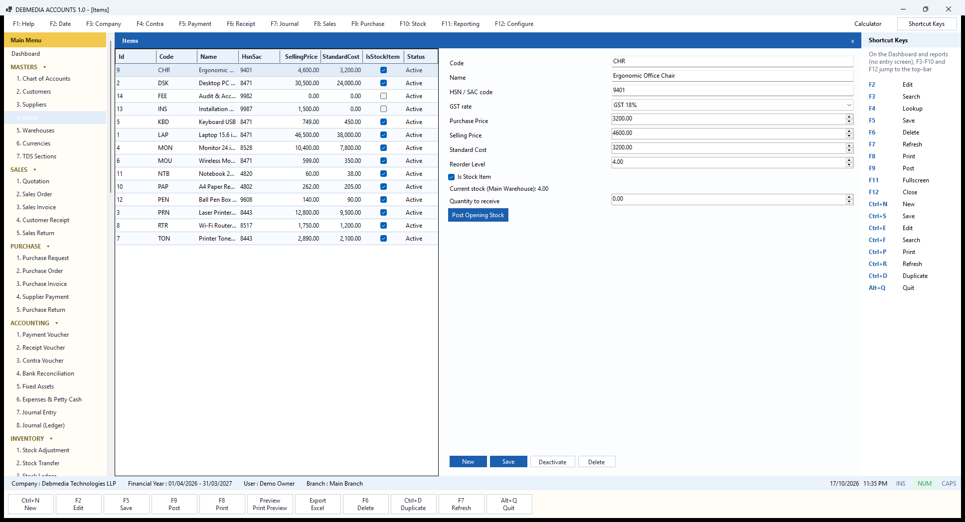 Debmedia Accounts Items: The Items master: HSN or SAC code, GST rate, prices, reorder level, whether the item is stocked, current stock and a button to post opening stock.