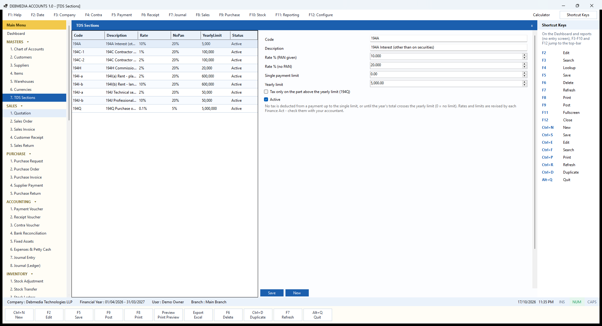 Debmedia Accounts TDS Sections: The TDS Sections master: each section with its rate with and without PAN, single-payment and yearly limits, and the 194Q rule.