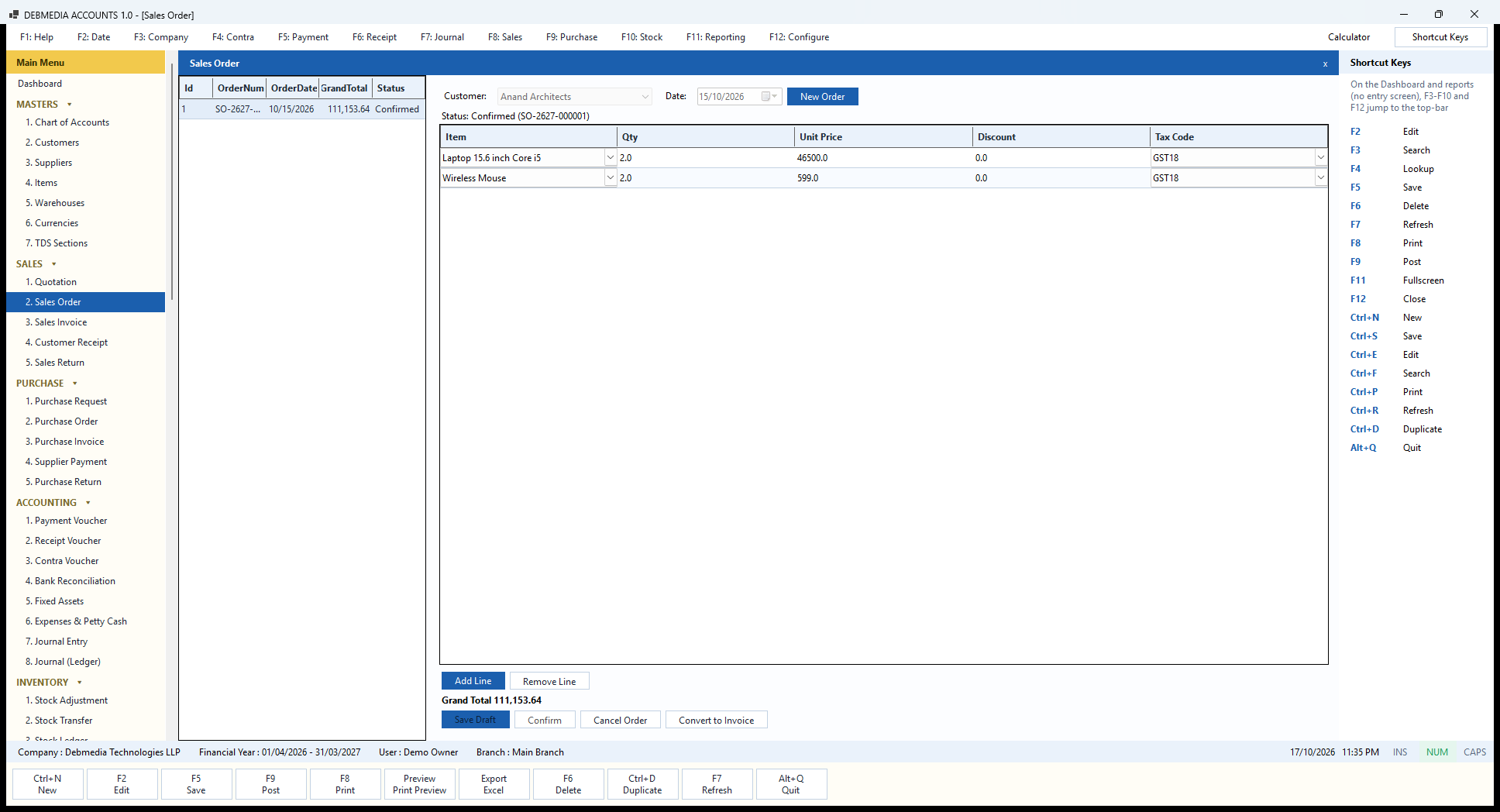 Debmedia Accounts Sales Order: The Sales Order screen: orders on the left, the selected order's customer, date and lines on the right, with Confirm, Cancel and Convert to Invoice buttons.