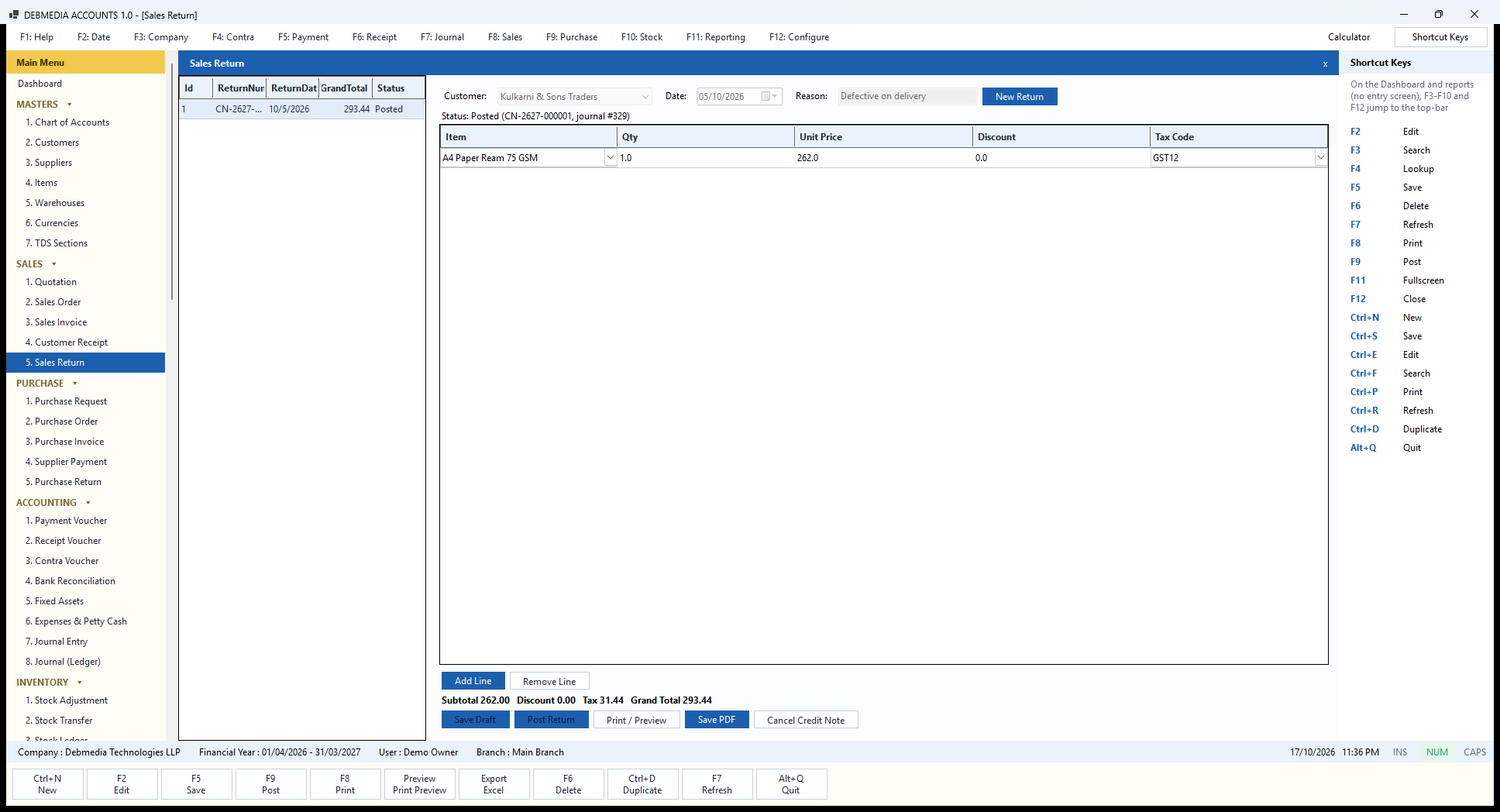 Debmedia Accounts Sales Return (Credit Note): The Sales Return screen: a posted credit note against an invoice, with its lines, totals and the Post, Print, Save PDF and Cancel buttons.
