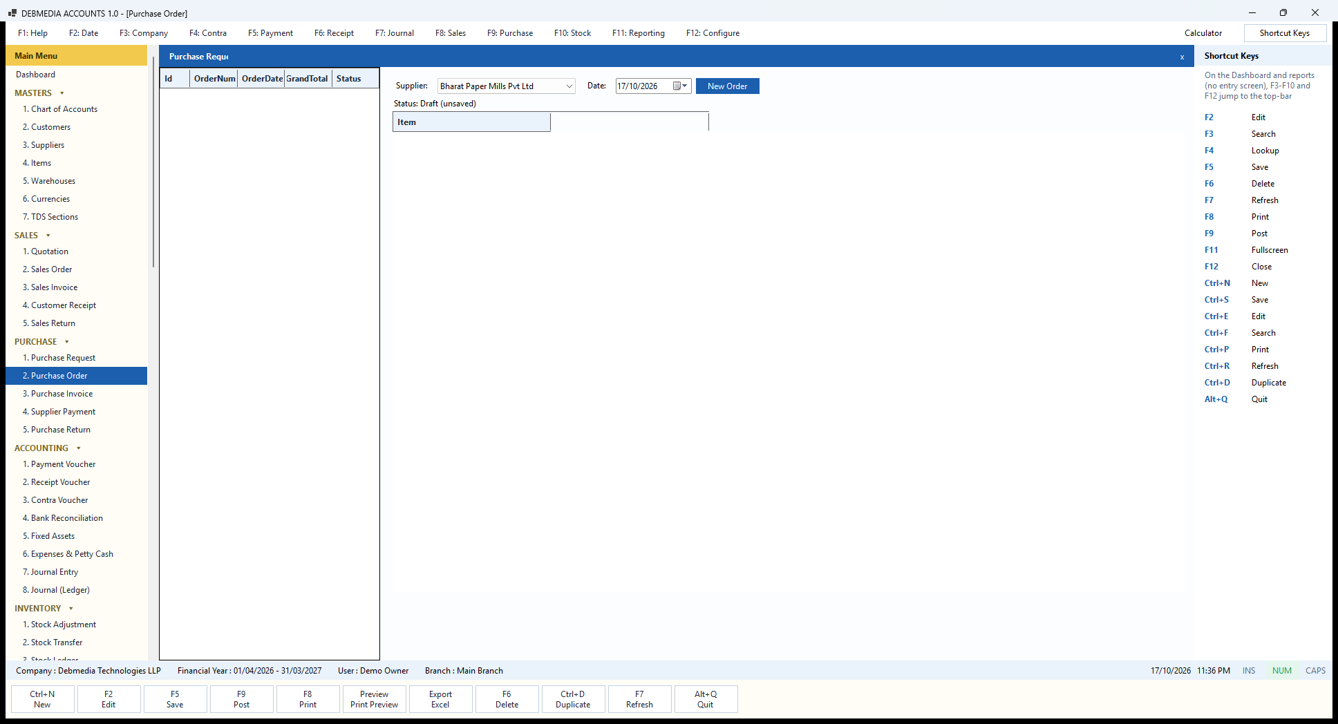 Debmedia Accounts Purchase Order: The Purchase Order screen: supplier, date and item lines, with Save Draft, Confirm, Cancel Order and Convert to Invoice.