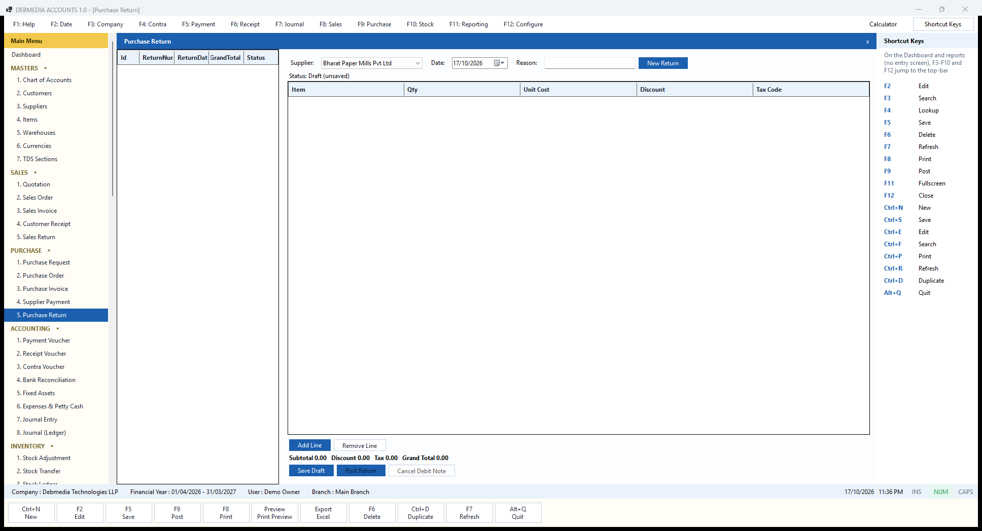 Debmedia Accounts Purchase Return (Debit Note): The Purchase Return screen: a debit note to a supplier with item lines and Post and Cancel buttons.
