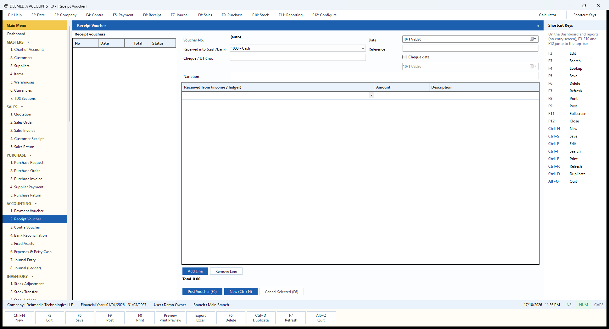 Debmedia Accounts Receipt Voucher: The Receipt Voucher screen: money received into cash or bank from an income or ledger account, with cheque or UTR number, reference and narration.