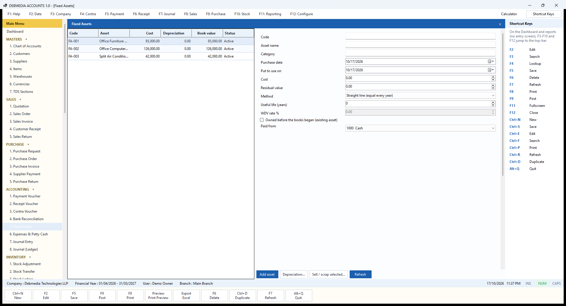 Debmedia Accounts Fixed Assets: The Fixed Assets screen: the asset list with cost, depreciation and book value, and the form to add an asset with method, life, rate and payment account.