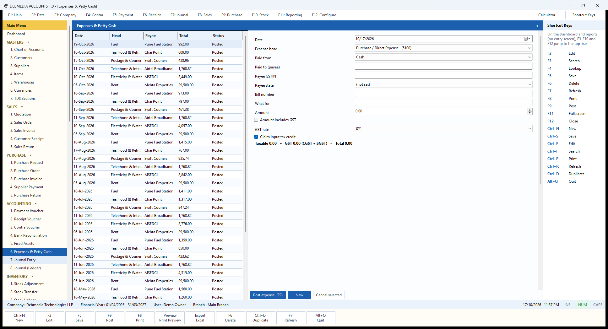 Debmedia Accounts Expenses & Petty Cash: The Expenses screen: the register of posted expenses, and the entry form with head, payee, bill number, GST rate, input-credit tick-box and a live tax split.