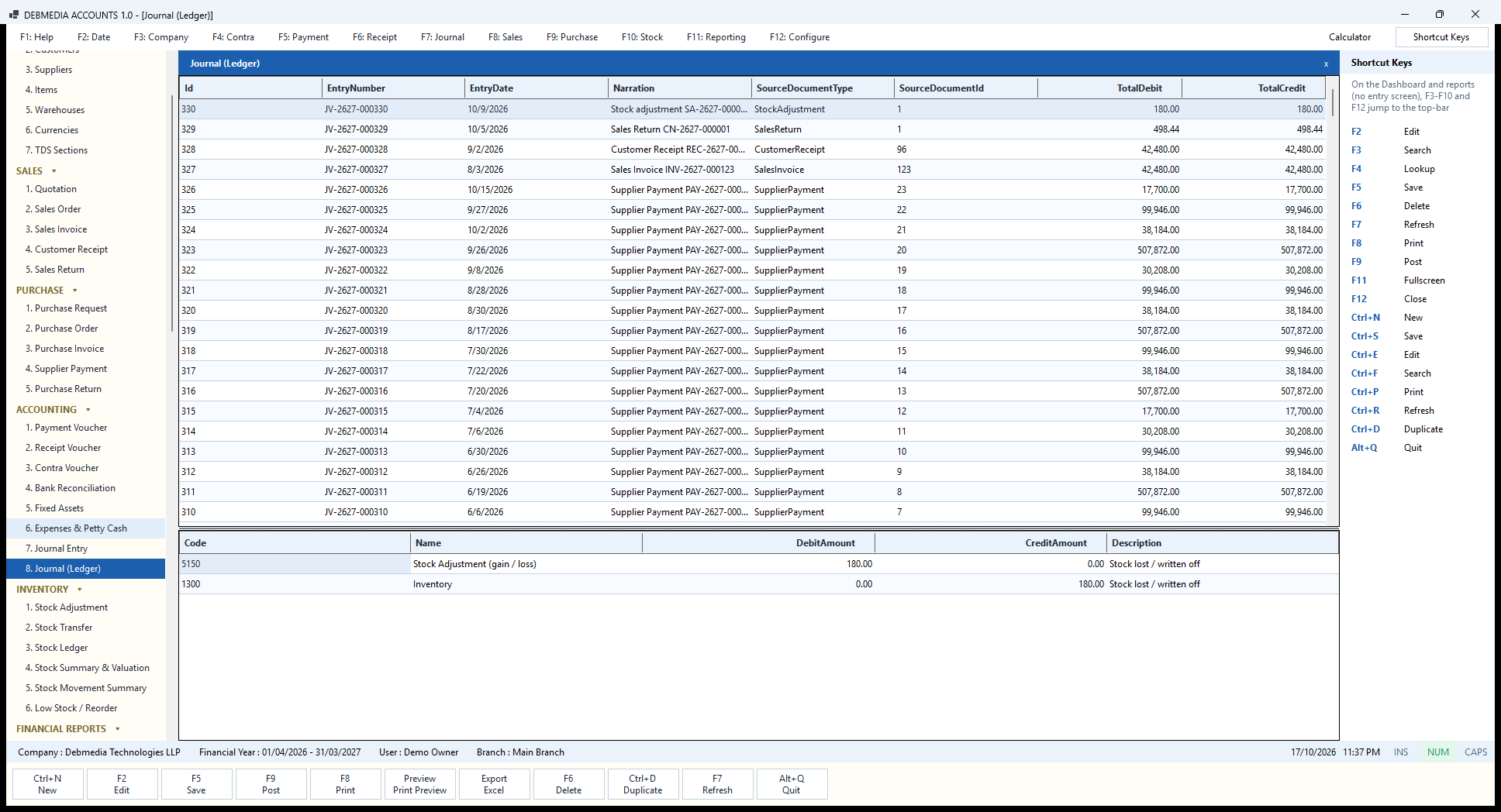 Debmedia Accounts Journal (Ledger): The Journal (Ledger): every journal entry the program has posted, with its source document, and the debit and credit lines of the selected entry below.