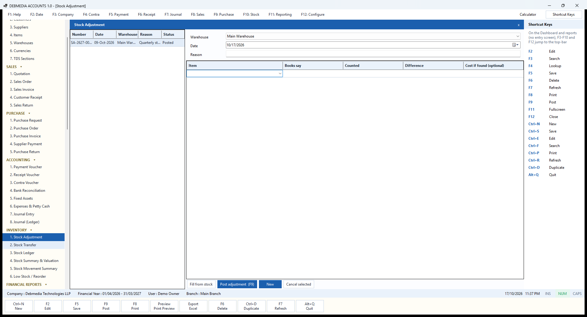 Debmedia Accounts Stock Adjustment: The Stock Adjustment screen: warehouse, date, reason and a count sheet with what the books say, what was counted and the difference.