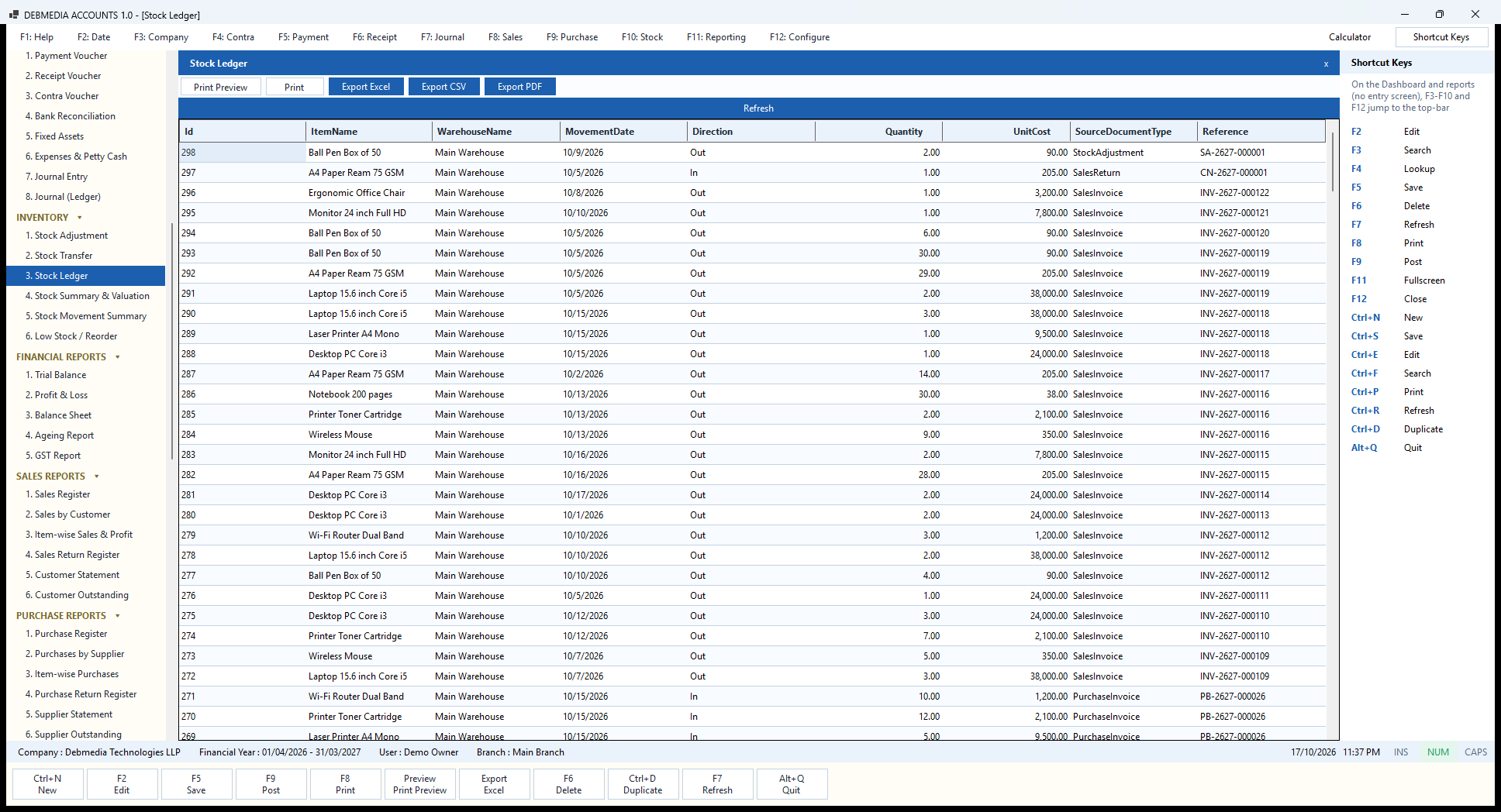 Debmedia Accounts Stock Ledger: The Stock Ledger: every movement of every item in and out of every warehouse, with its source document and unit cost.