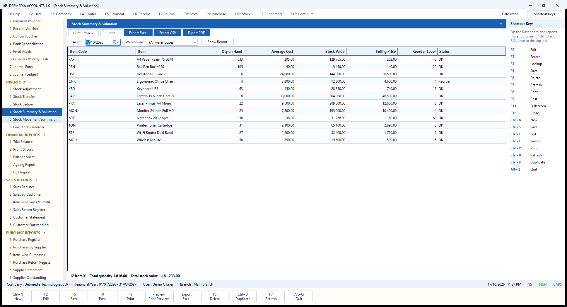 Debmedia Accounts Stock Summary & Valuation: The Stock Summary and Valuation report: quantity on hand, average cost and stock value of every item as of a date, with the reorder status.