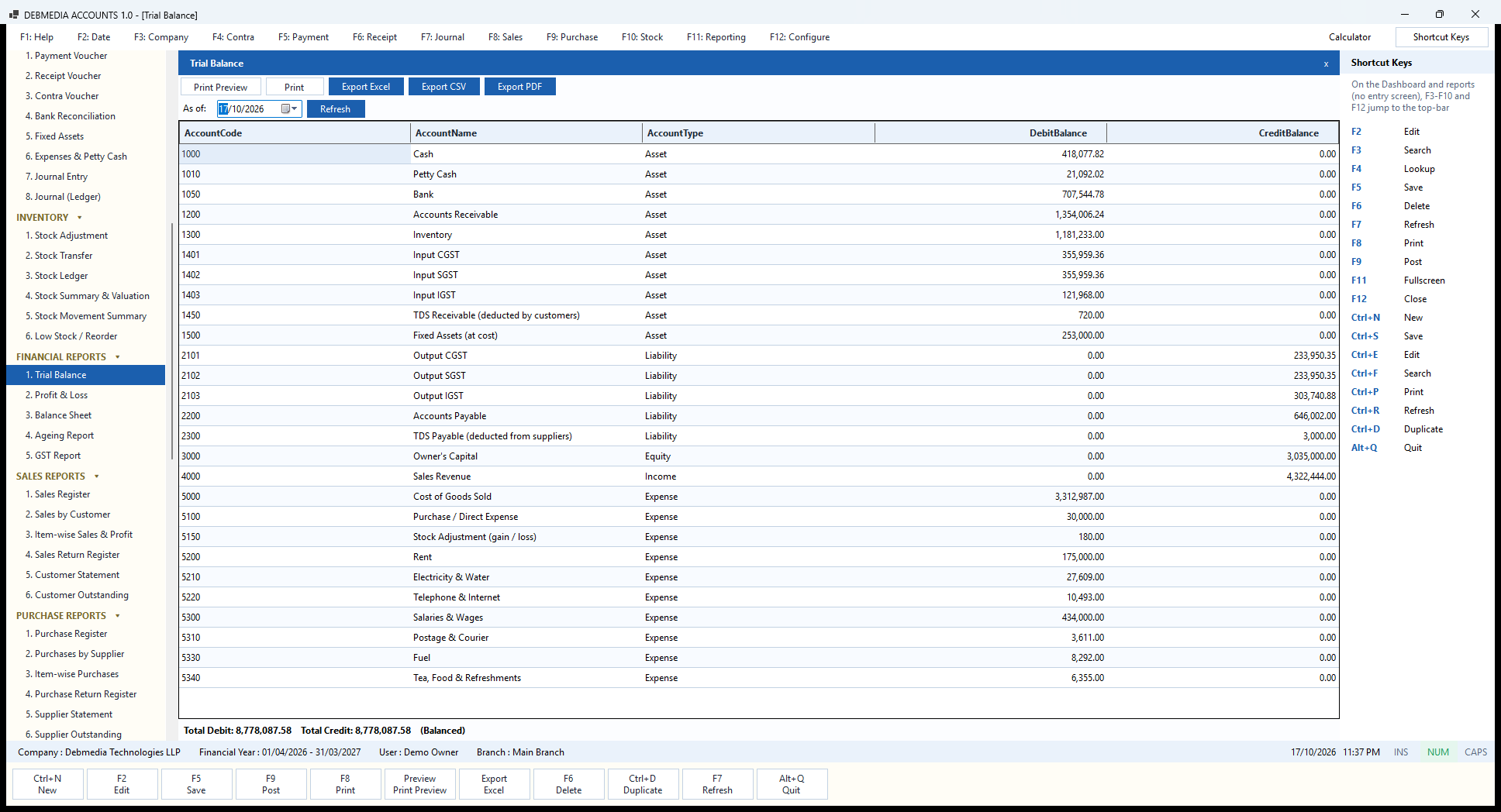 Debmedia Accounts Trial Balance: The Trial Balance: every account with its debit or credit balance as of a date, and a check that the two sides are equal.
