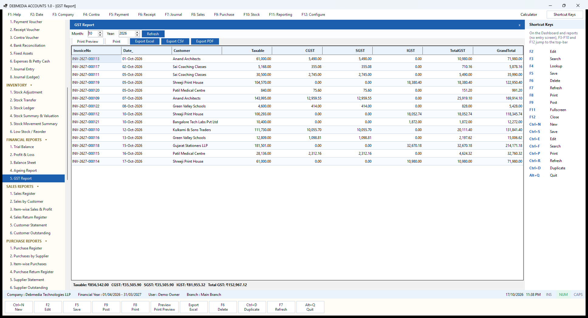 Debmedia Accounts GST Report: The monthly GST report: every sales invoice of the chosen month with taxable value, CGST, SGST, IGST and total.