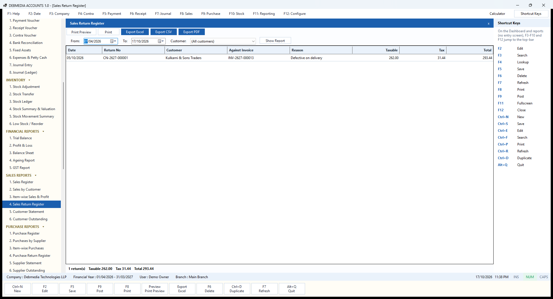 Debmedia Accounts Sales Return Register: The Sales Return Register: every credit note in a period with the invoice it relates to, the reason, taxable value and tax.