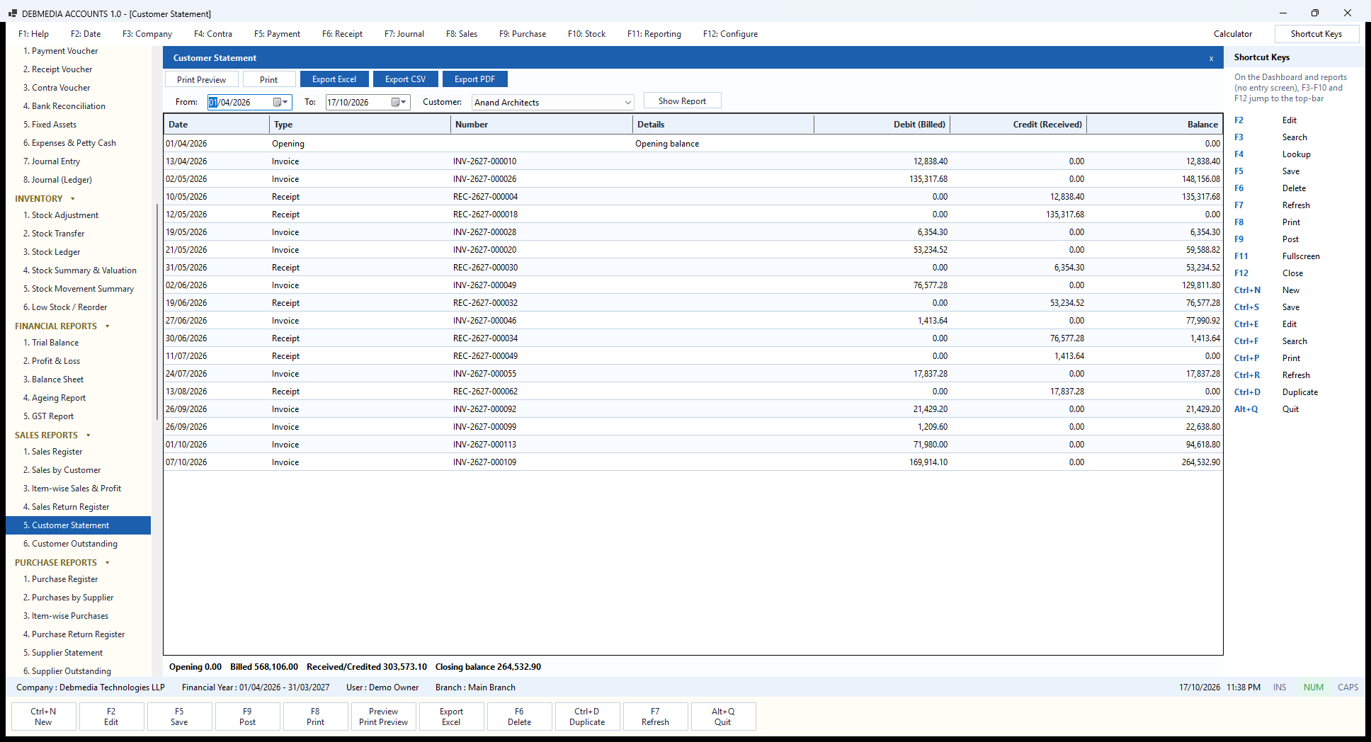 Debmedia Accounts Customer Statement: The Customer Statement: a running account of one customer's invoices and receipts, with the closing balance.