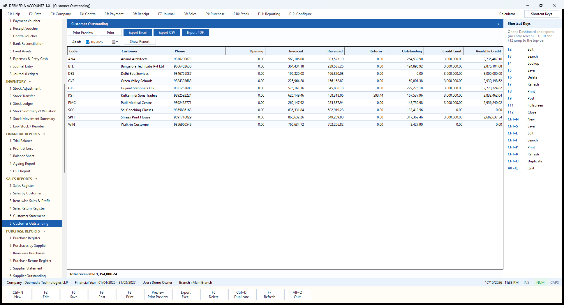 Debmedia Accounts Customer Outstanding: The Customer Outstanding report: for every customer the opening balance, invoiced, received, returns, outstanding, credit limit and available credit.