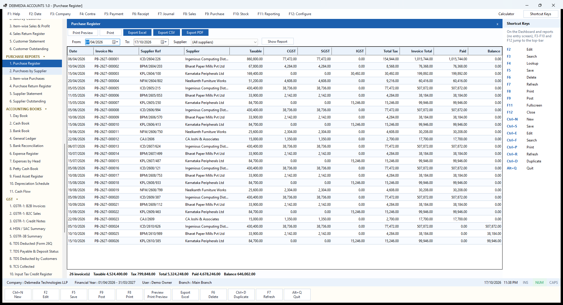 Debmedia Accounts Purchase Register: The Purchase Register: every purchase bill of a period with supplier, taxable value, CGST, SGST, IGST, total, paid and balance.