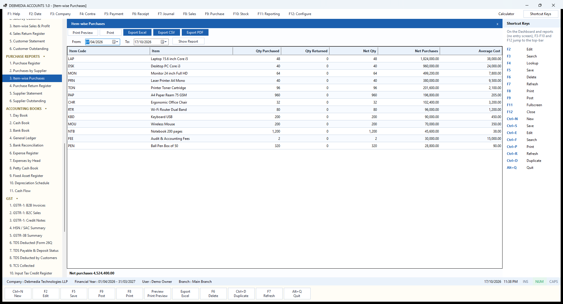 Debmedia Accounts Item-wise Purchases: Item-wise Purchases: quantity bought and returned, net purchases and average cost per item.
