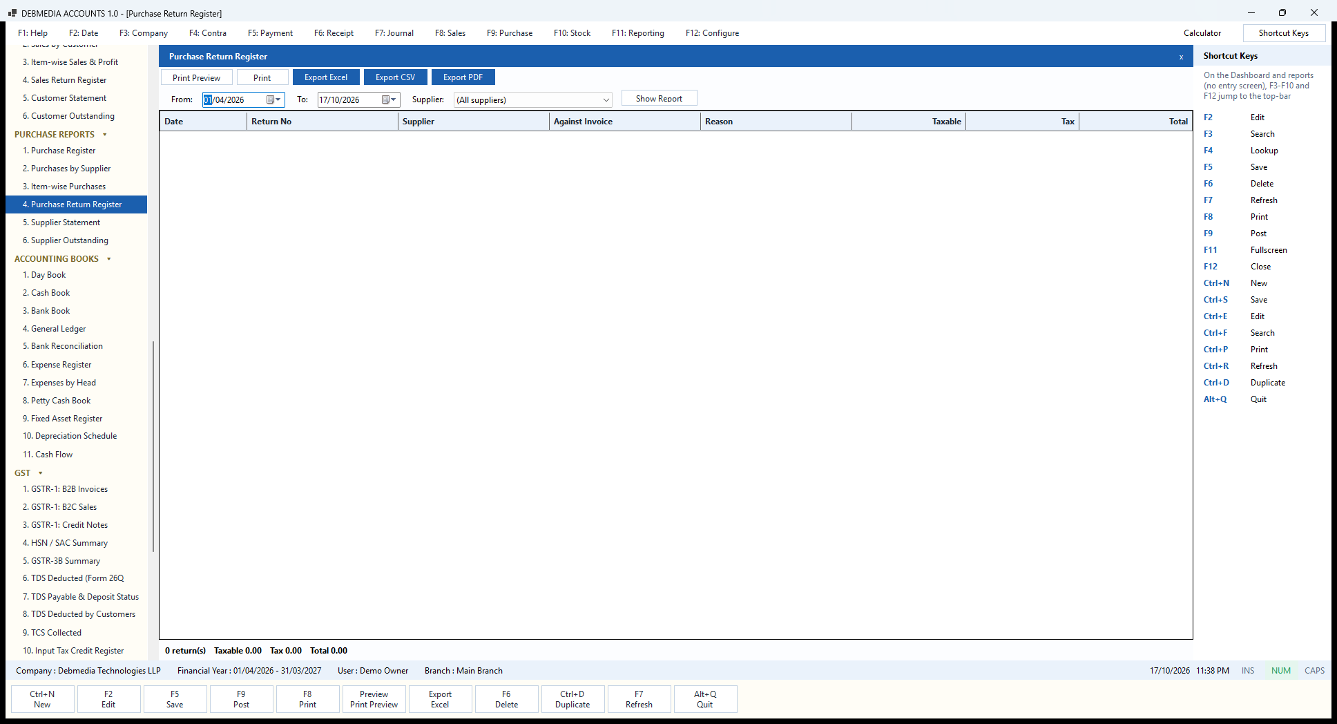 Debmedia Accounts Purchase Return Register: The Purchase Return Register: debit notes issued to suppliers in a period.