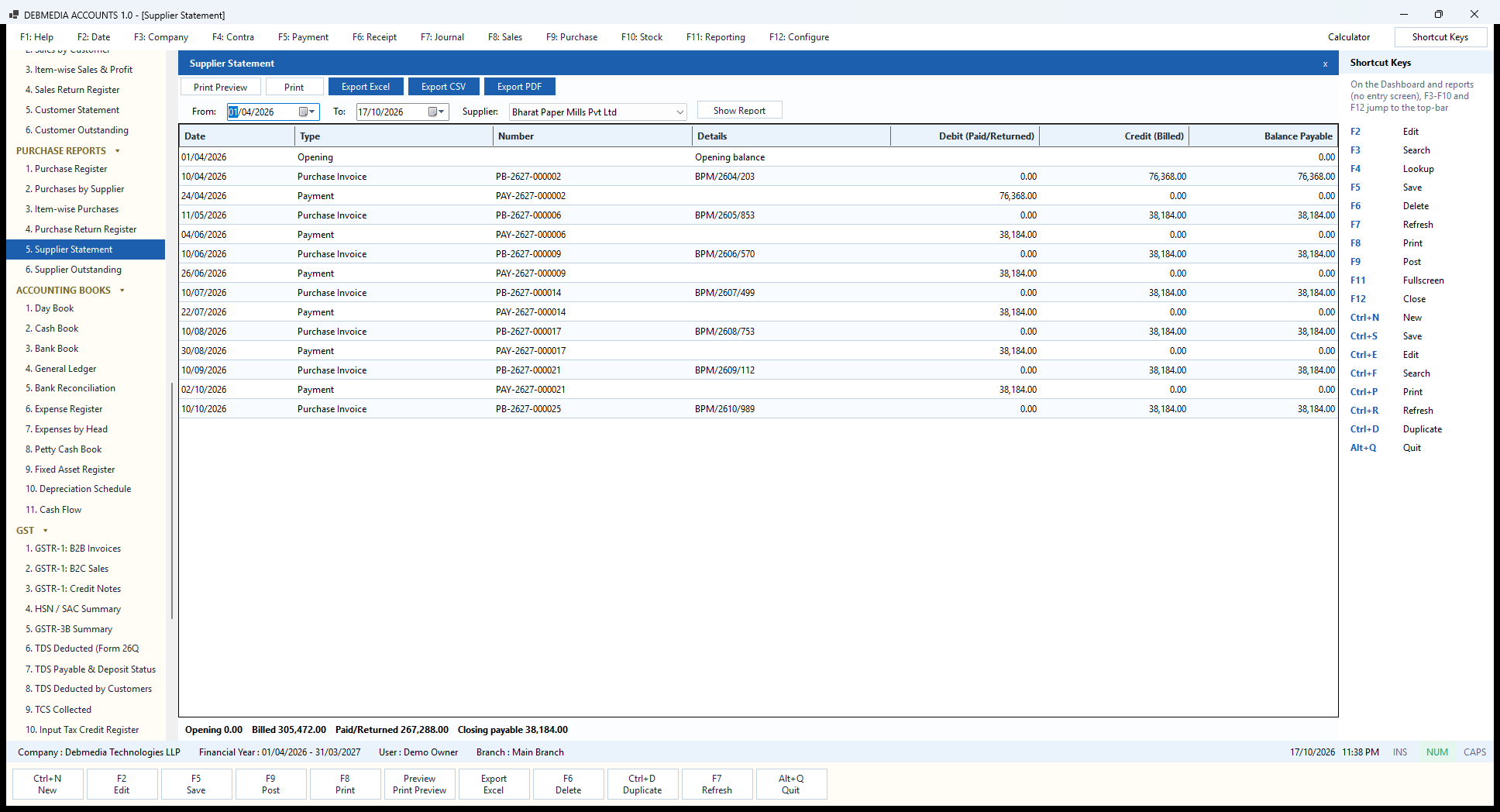 Debmedia Accounts Supplier Statement: The Supplier Statement: a running account of one supplier's bills and payments, with the closing balance payable.
