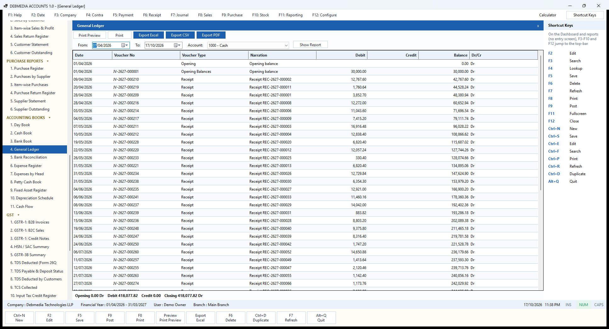 Debmedia Accounts General Ledger: The General Ledger: the account book of any single account, chosen from a drop-down, with a running balance.