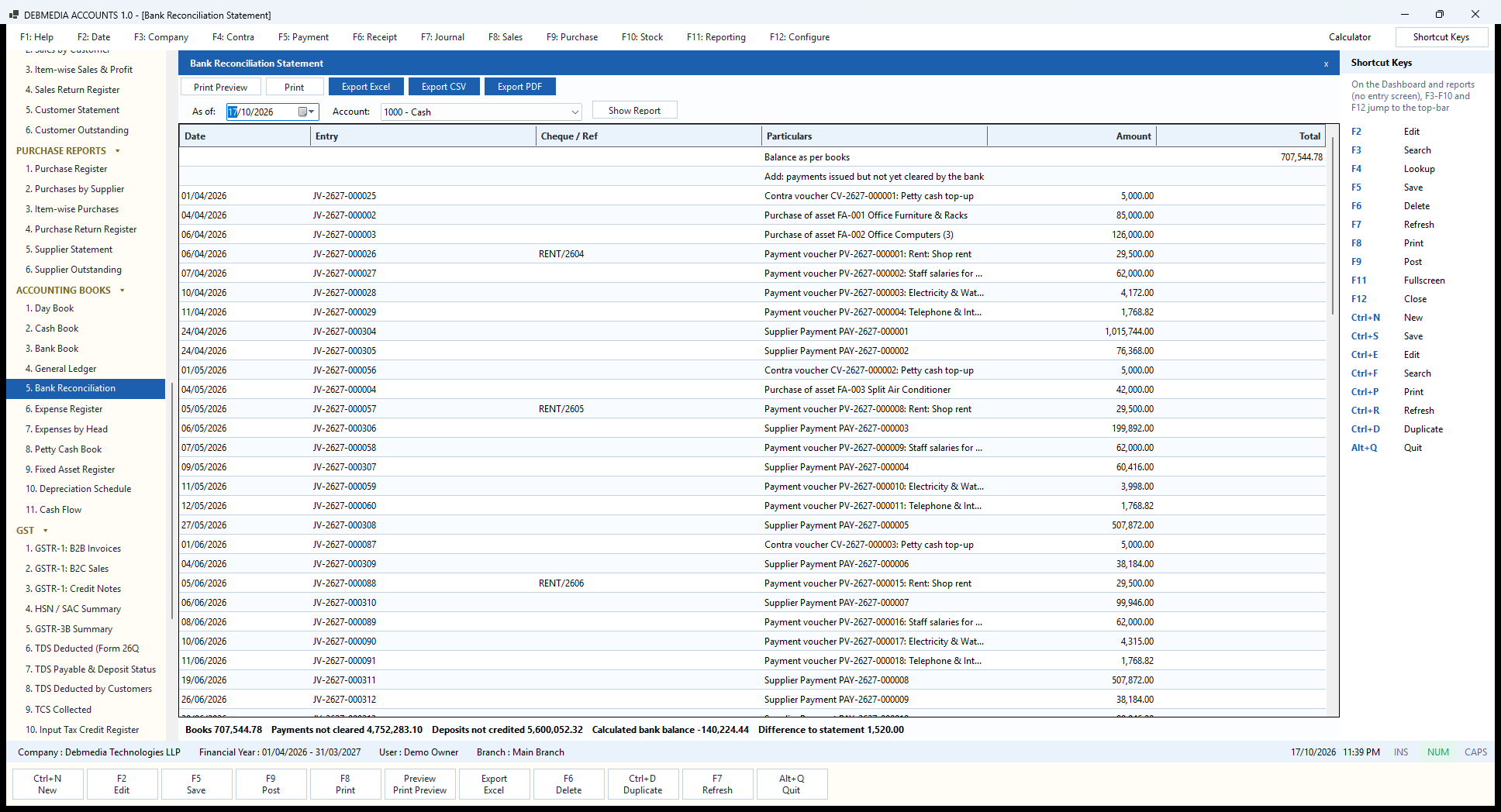 Debmedia Accounts Bank Reconciliation Statement: The Bank Reconciliation Statement: the balance per books, the payments not yet cleared, the deposits not yet credited, the calculated bank balance and the difference to the imported statement.