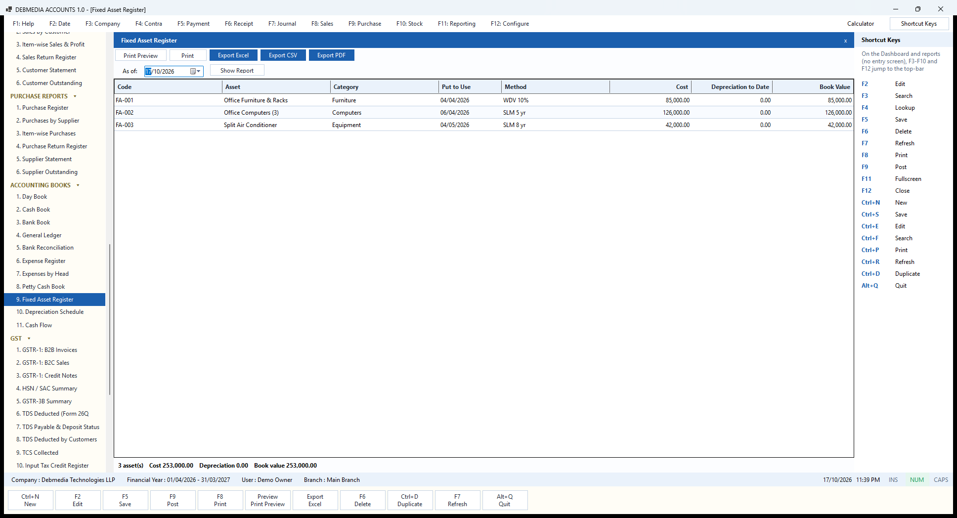Debmedia Accounts Fixed Asset Register: The Fixed Asset Register: each asset with category, date put to use, method, cost, depreciation to date and book value.