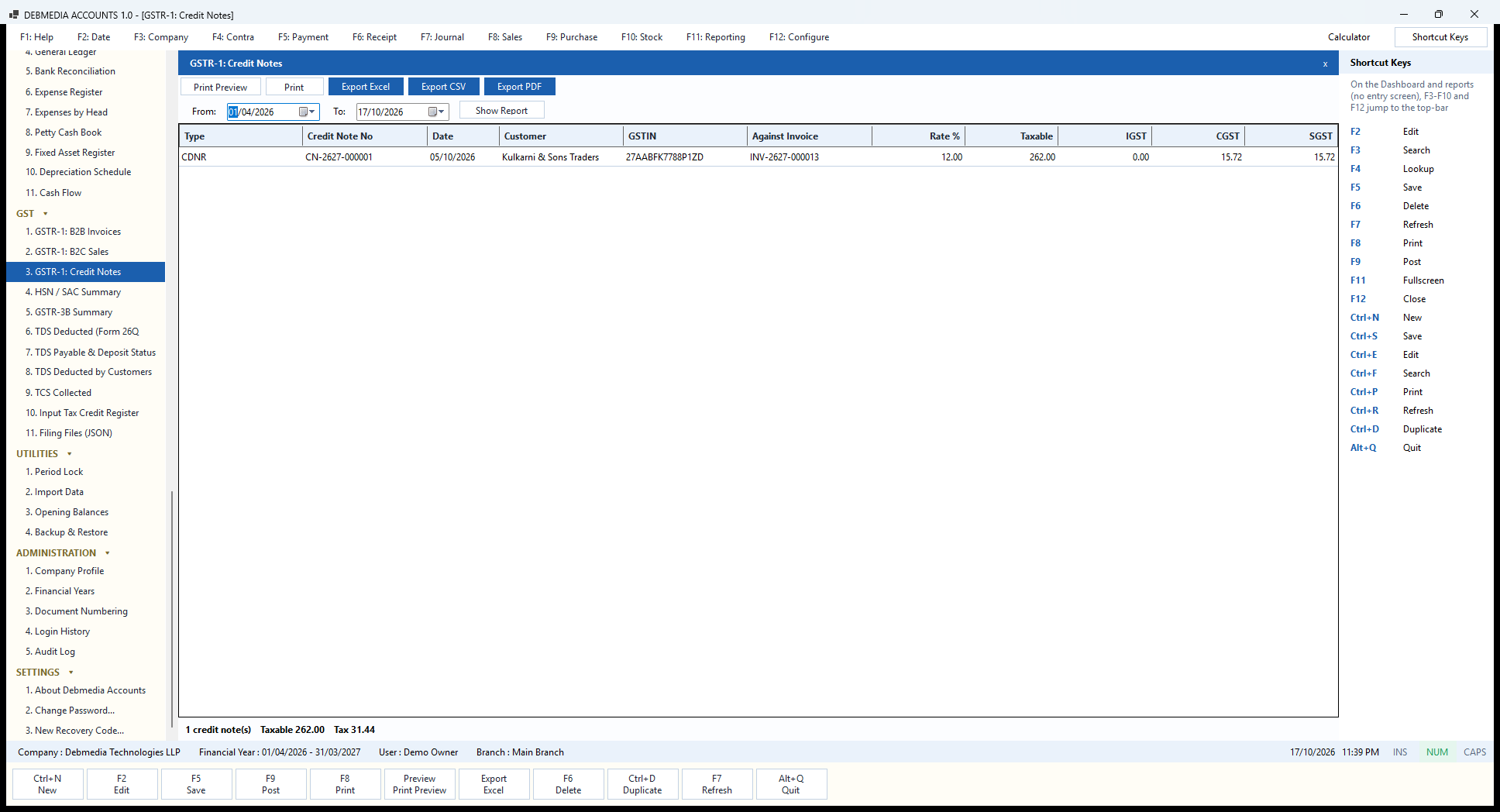 Debmedia Accounts GSTR-1: Credit Notes: GSTR-1 table of credit notes issued to registered customers, linked to the original invoice.