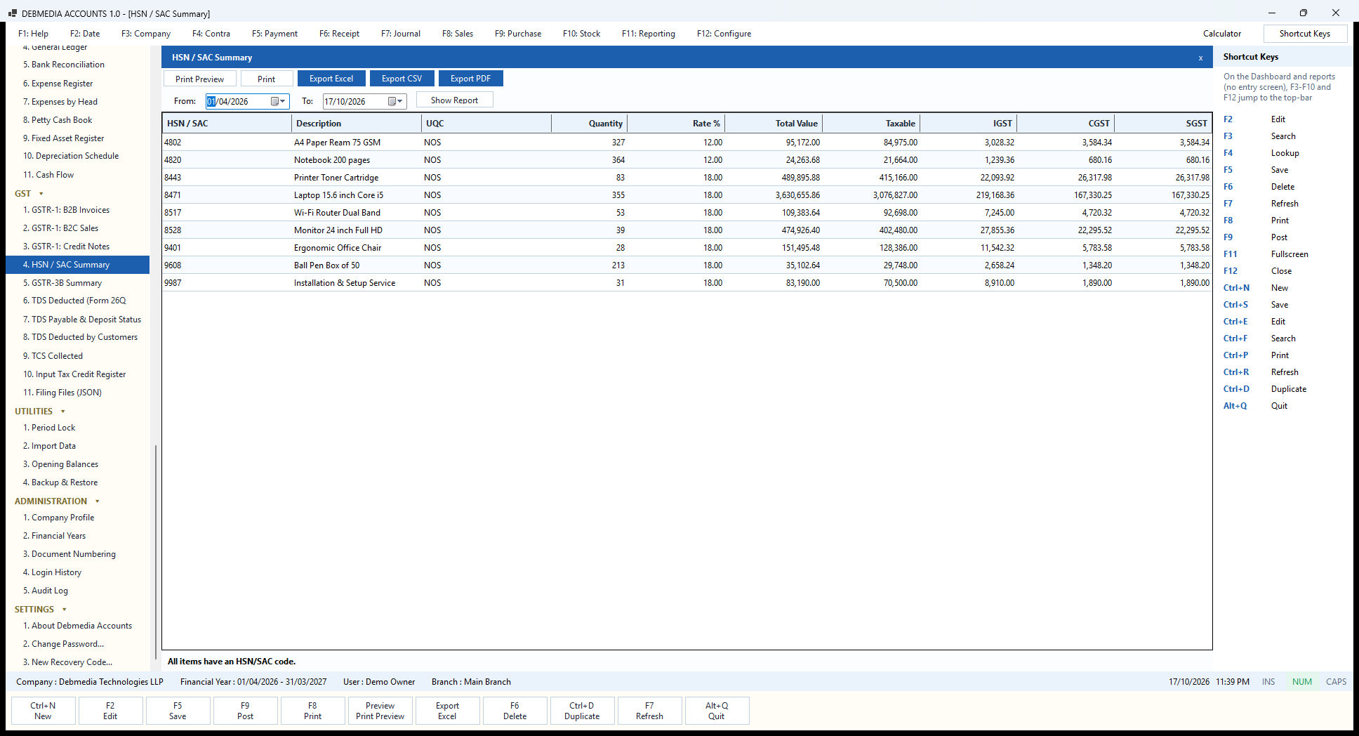 Debmedia Accounts HSN / SAC Summary: The HSN and SAC summary: quantity, total value, taxable value and tax for each code, as required in GSTR-1.
