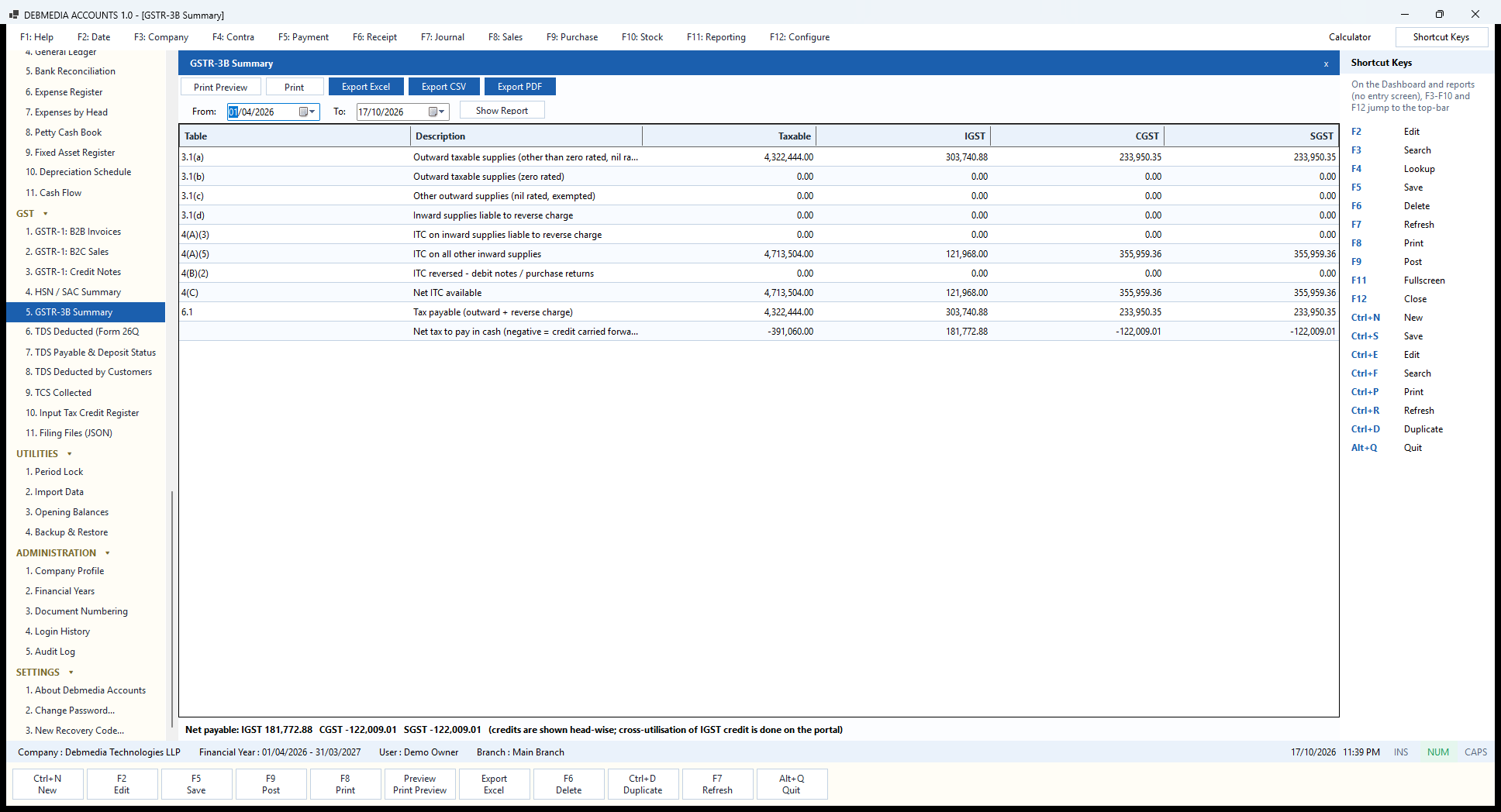 Debmedia Accounts GSTR-3B Summary: The GSTR-3B summary: outward supplies, input tax credit and net tax payable by head, laid out in the return's own table numbers.
