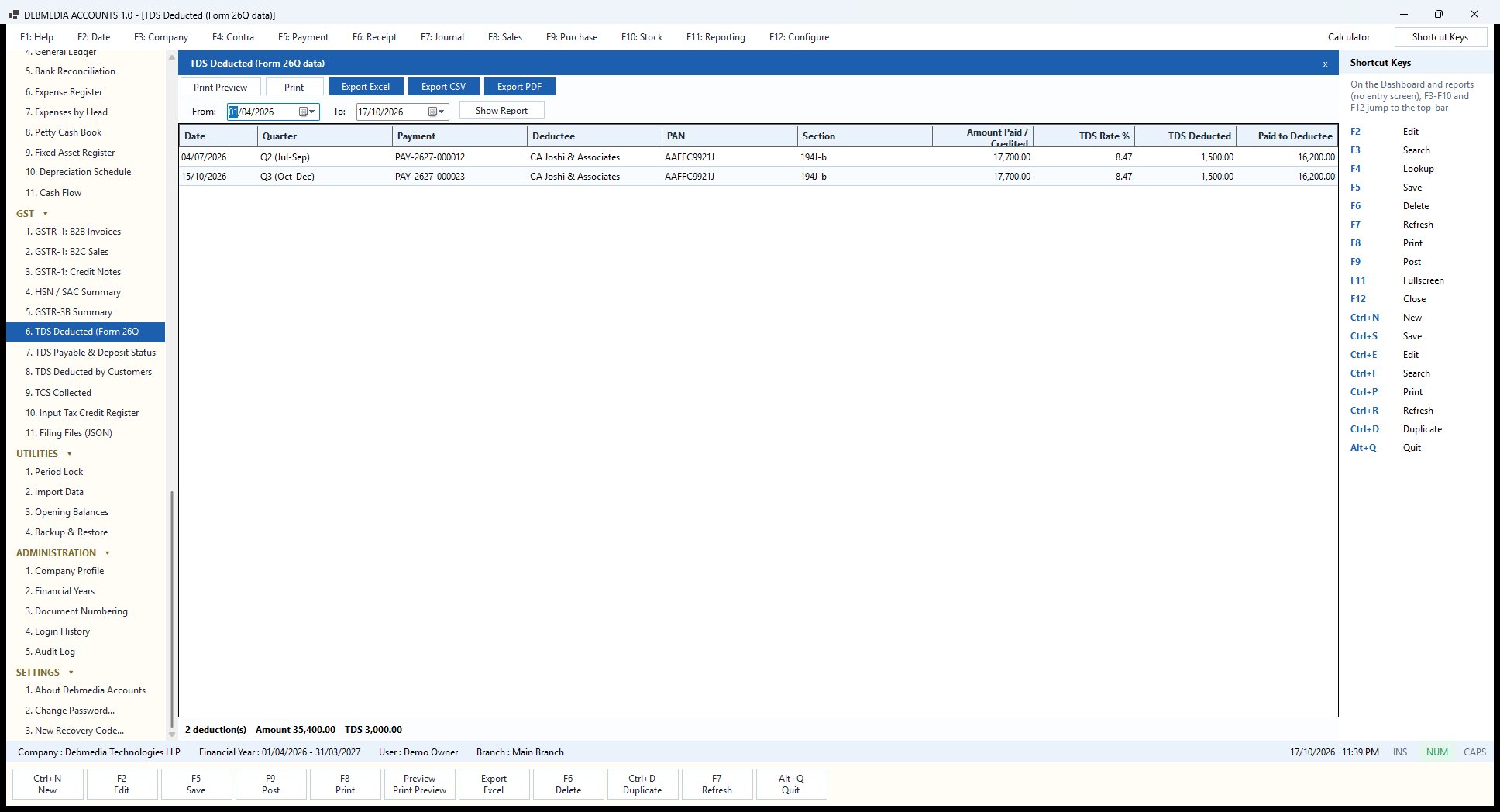 Debmedia Accounts TDS Deducted (Form 26Q data): The Form 26Q data report: each deduction from a payment to a supplier, by quarter, with PAN, section, TDS rate and amounts.