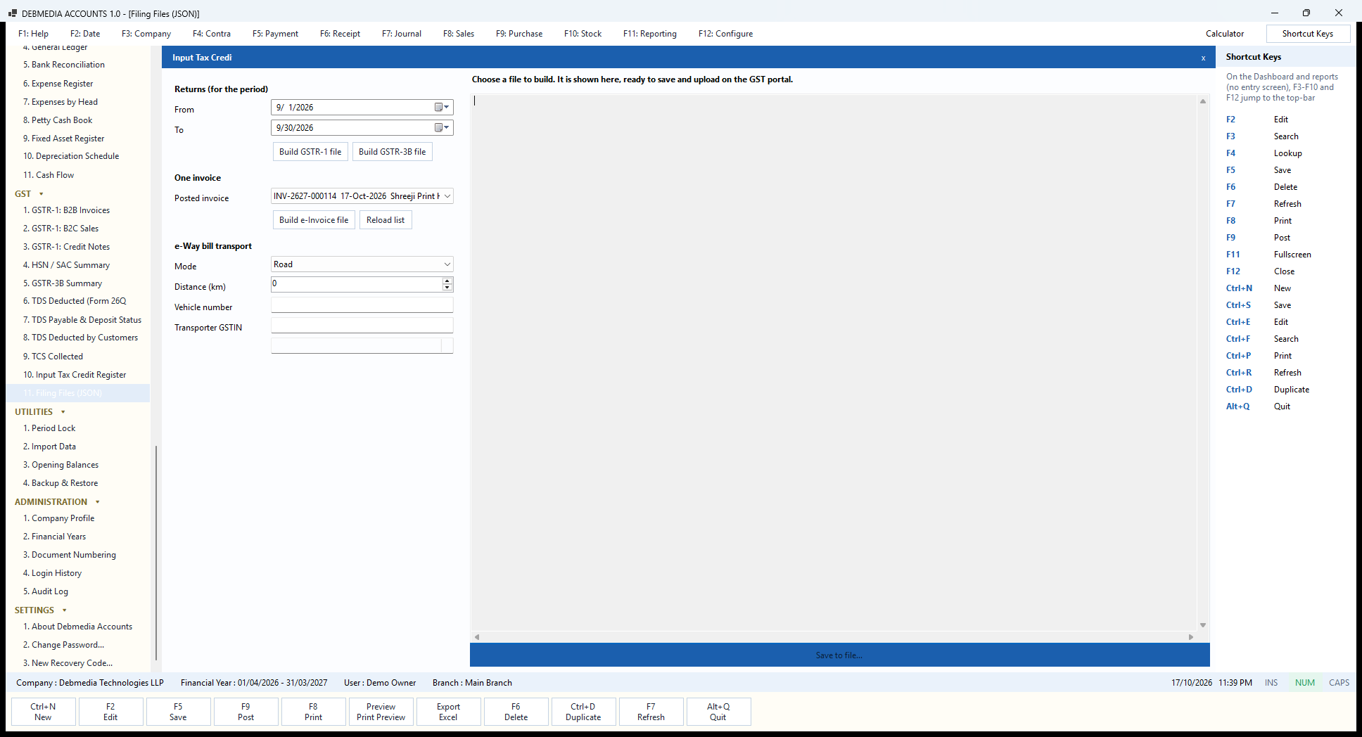 Debmedia Accounts Filing Files (JSON): The Filing Files screen: build GSTR-1, GSTR-3B, e-invoice and e-way bill files, review them on screen and save them for upload to the GST portal.