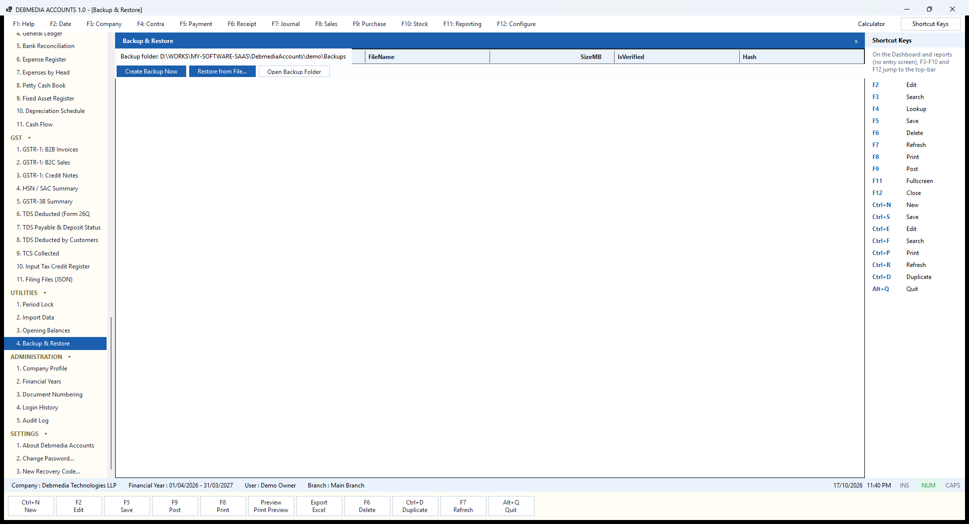 Debmedia Accounts Backup & Restore: Backup and Restore: take a backup now, restore from a file, and see the list of backups with their size, verification status and hash.