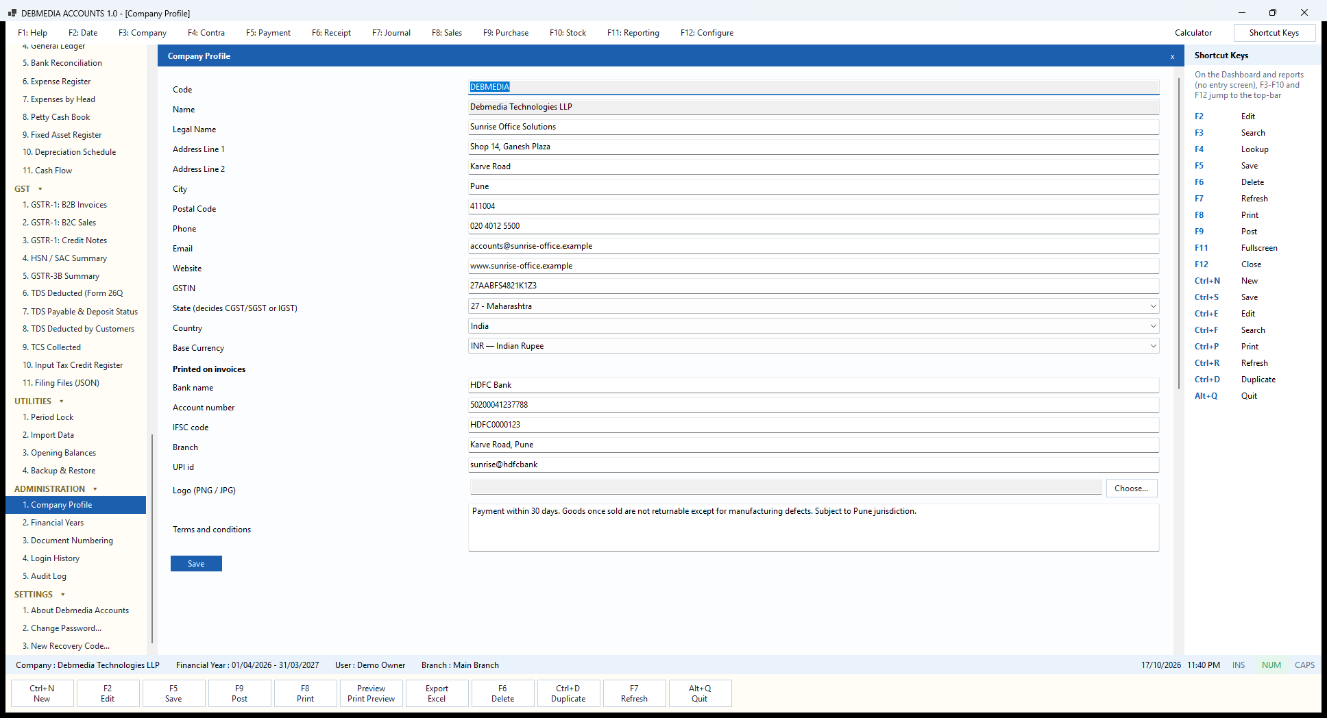 Debmedia Accounts Company Profile: The Company Profile: legal name, address, GSTIN, state, country and currency, plus the bank details, UPI id, logo and terms that print on every tax invoice.