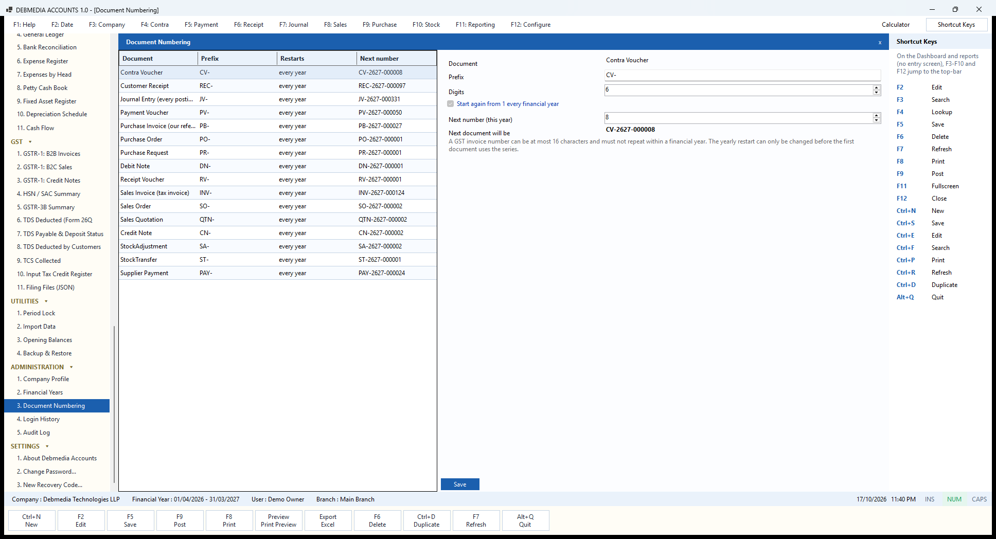 Debmedia Accounts Document Numbering: Document Numbering: one series per document type, with its prefix, number of digits, yearly restart and the next number.