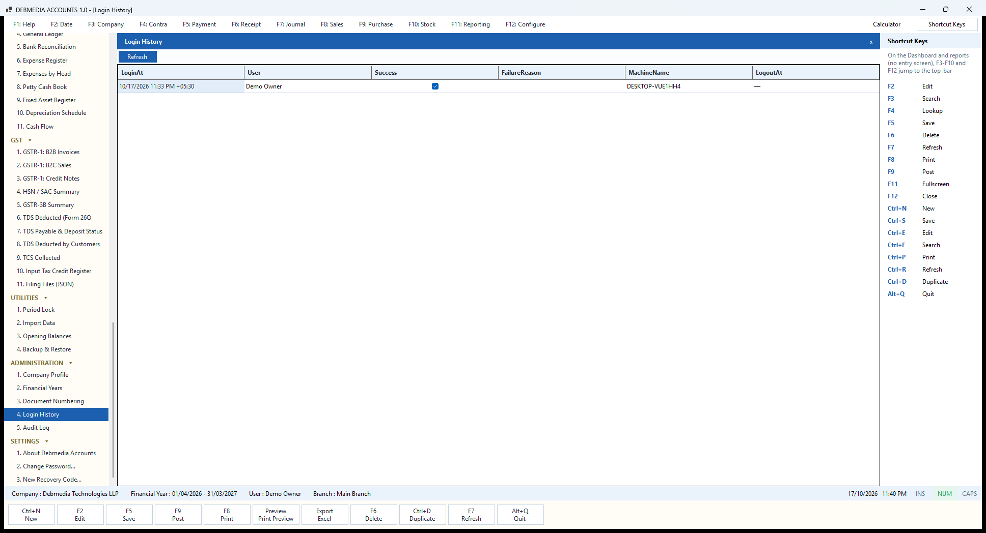 Debmedia Accounts Login History: Login History: every sign-in with time, user, success, failure reason and computer name.