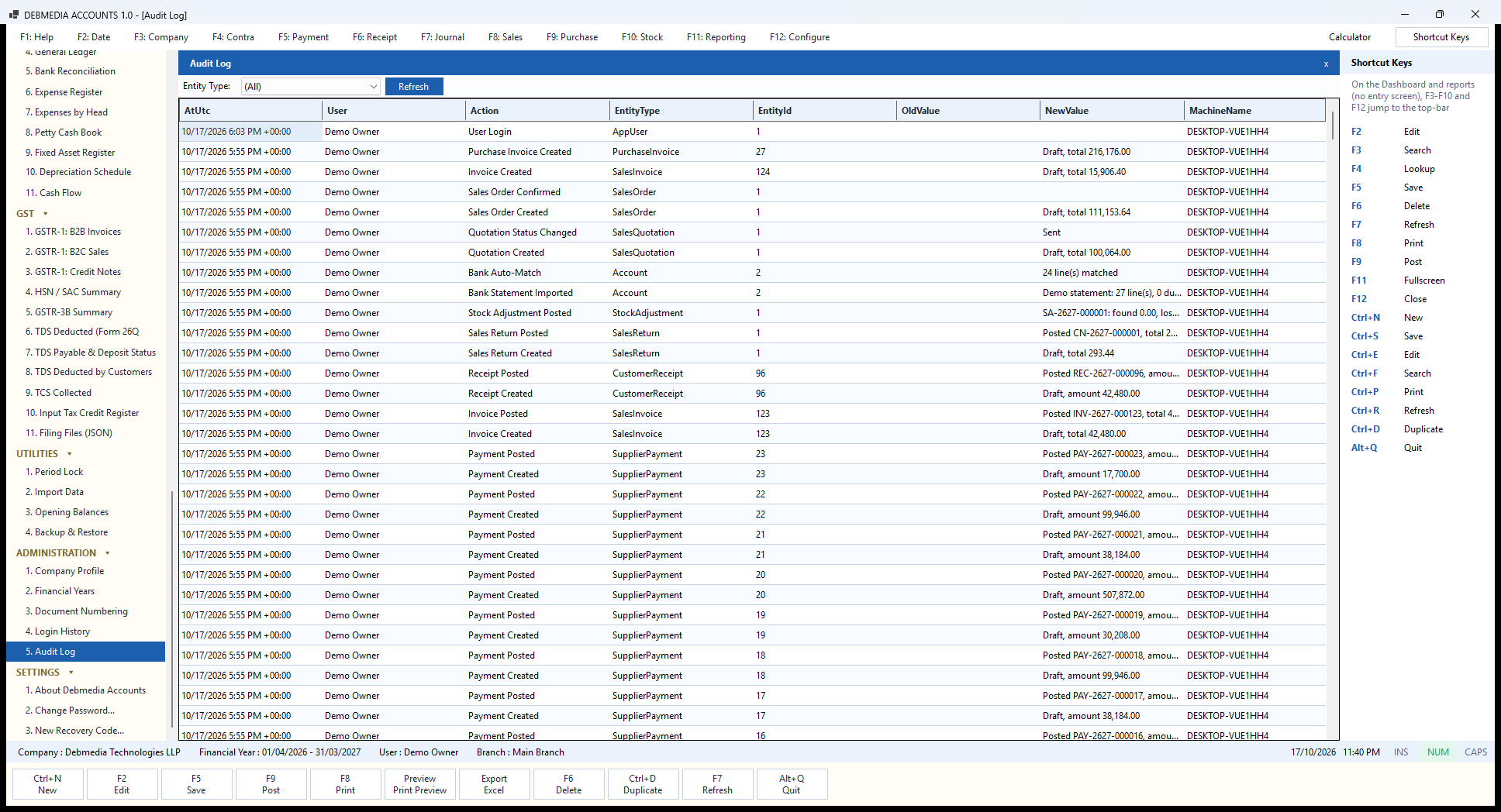 Debmedia Accounts Audit Log: The Audit Log: every important action with the time, user, action, record type, record number, old and new values.