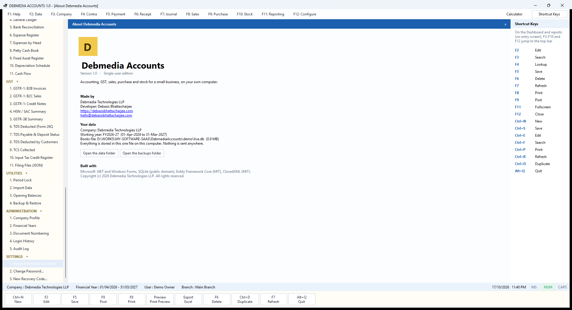 Debmedia Accounts About Debmedia Accounts: The About screen: version, edition, who made the program and where your data file and backups are kept.