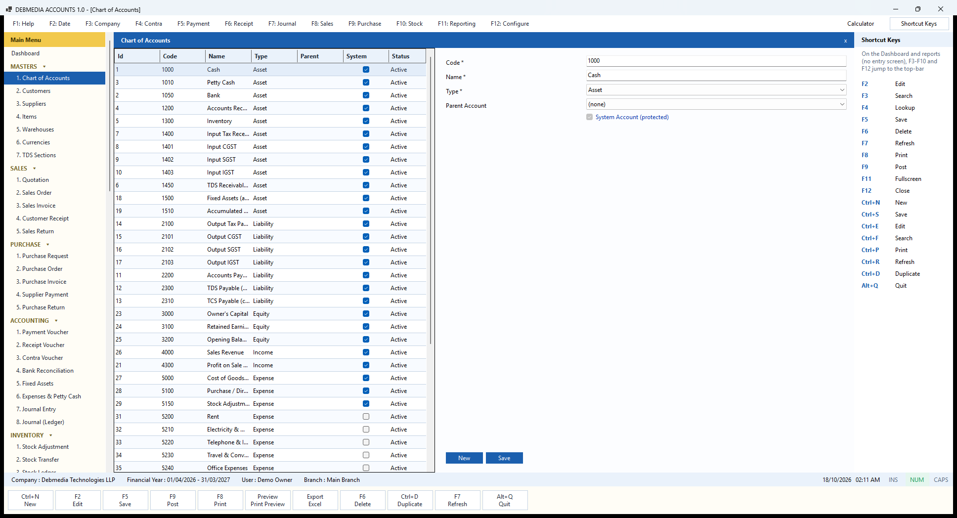 Debmedia Accounts Chart of Accounts: The Chart of Accounts: every account with its code, name, type, parent and whether it is a protected system account, and the form to add or edit one.