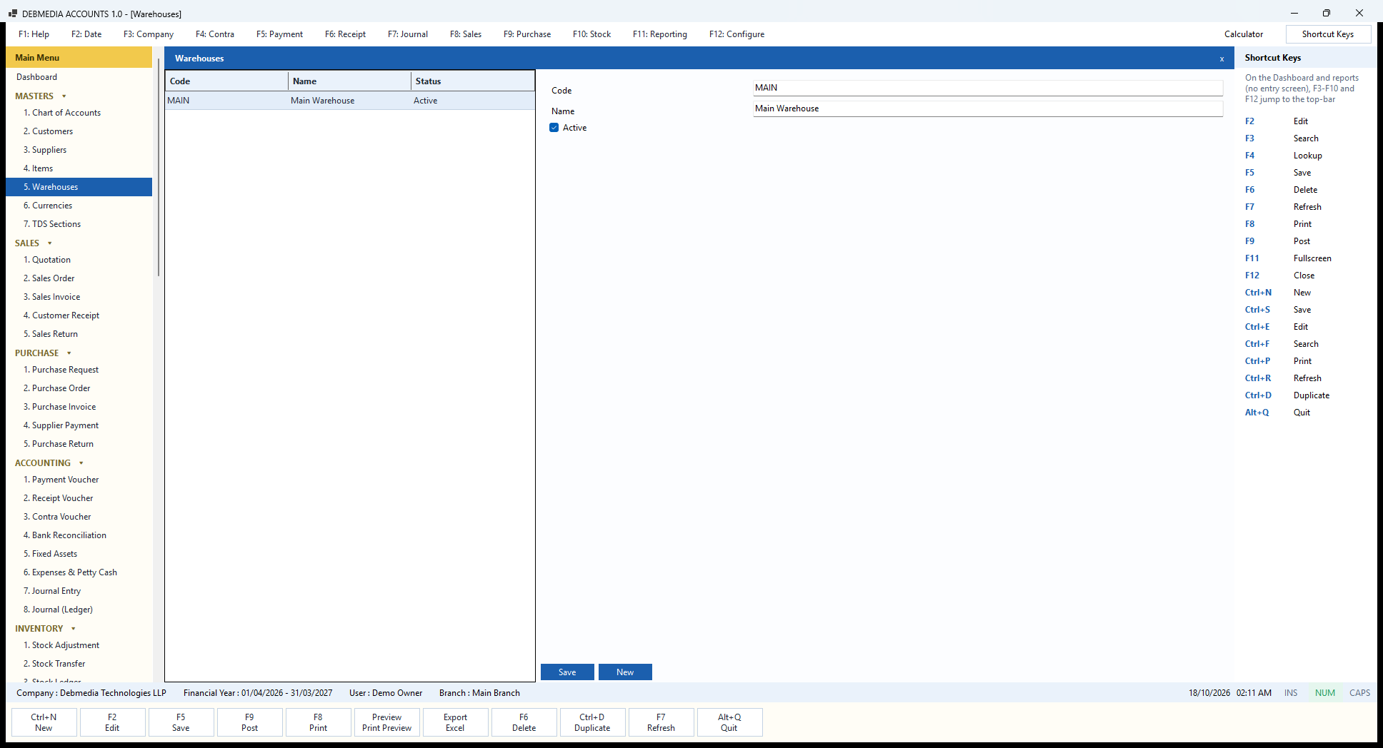 Debmedia Accounts Warehouses: The Warehouses master: one Main Warehouse from the start, with a form to add more stock locations.