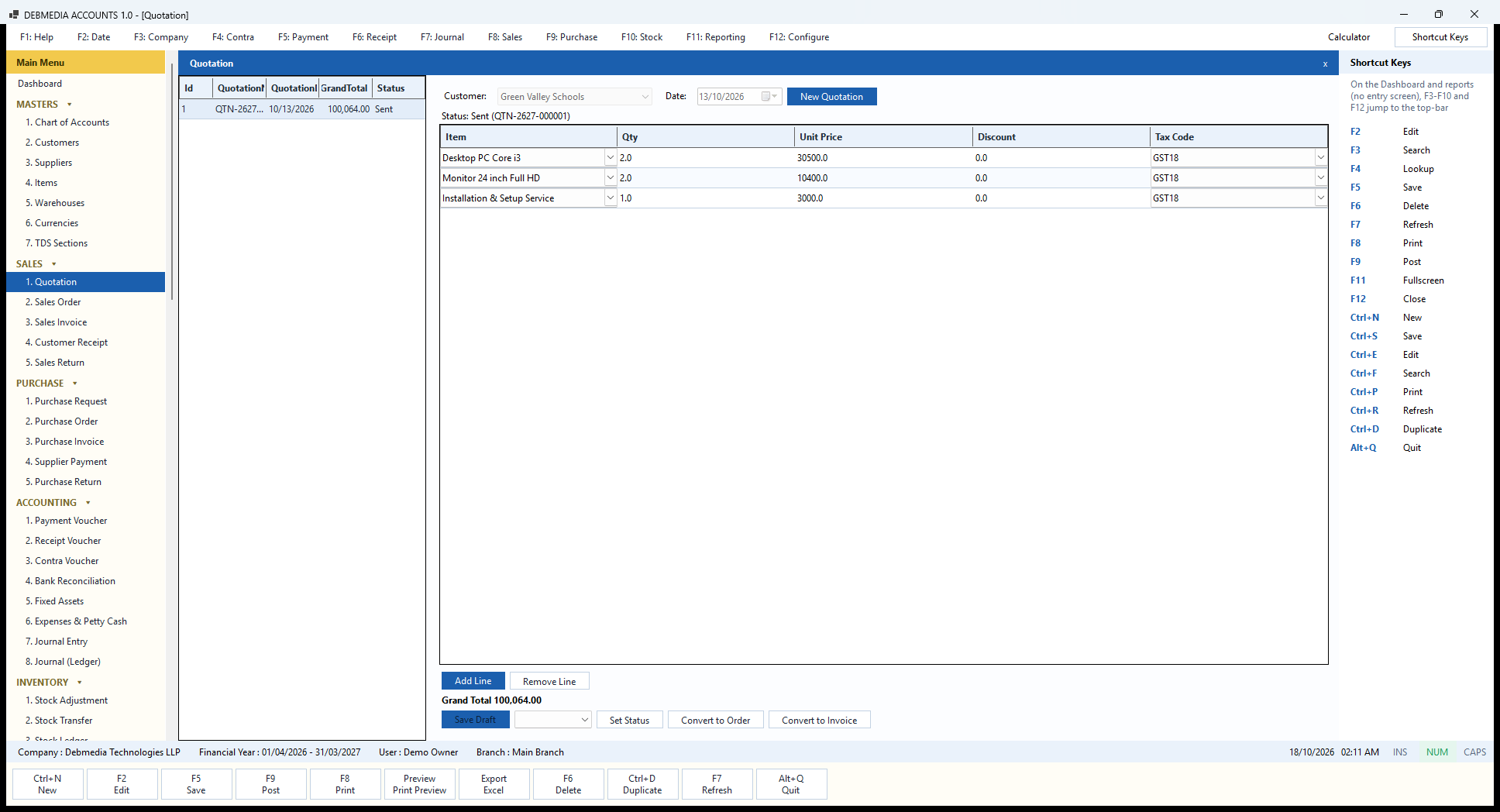 Debmedia Accounts Quotation: The Quotation screen: quotations on the left, the customer, date and priced lines on the right, with a status control and Convert to Order and Convert to Invoice buttons.