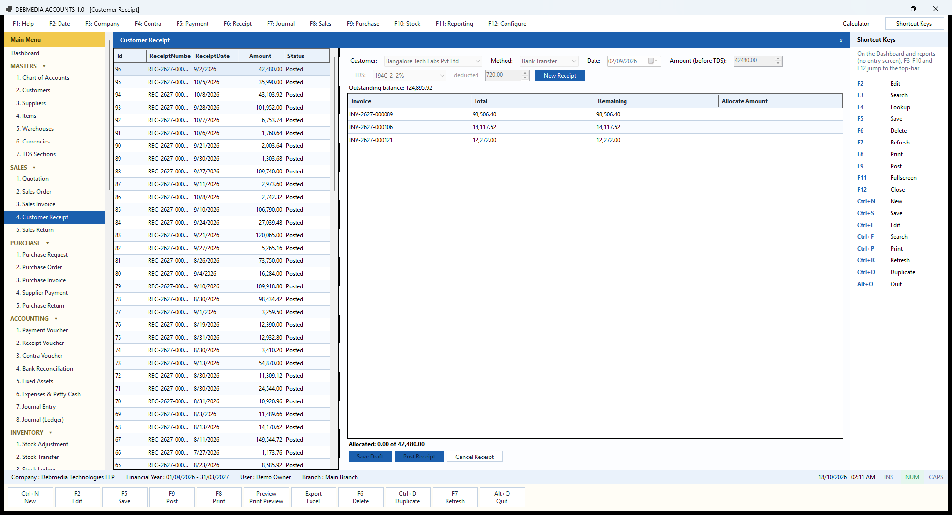 Debmedia Accounts Customer Receipt: The Customer Receipt screen: receipt list, customer, method, date, amount before TDS, the TDS section and amount deducted by the customer, and the open invoices to allocate against.