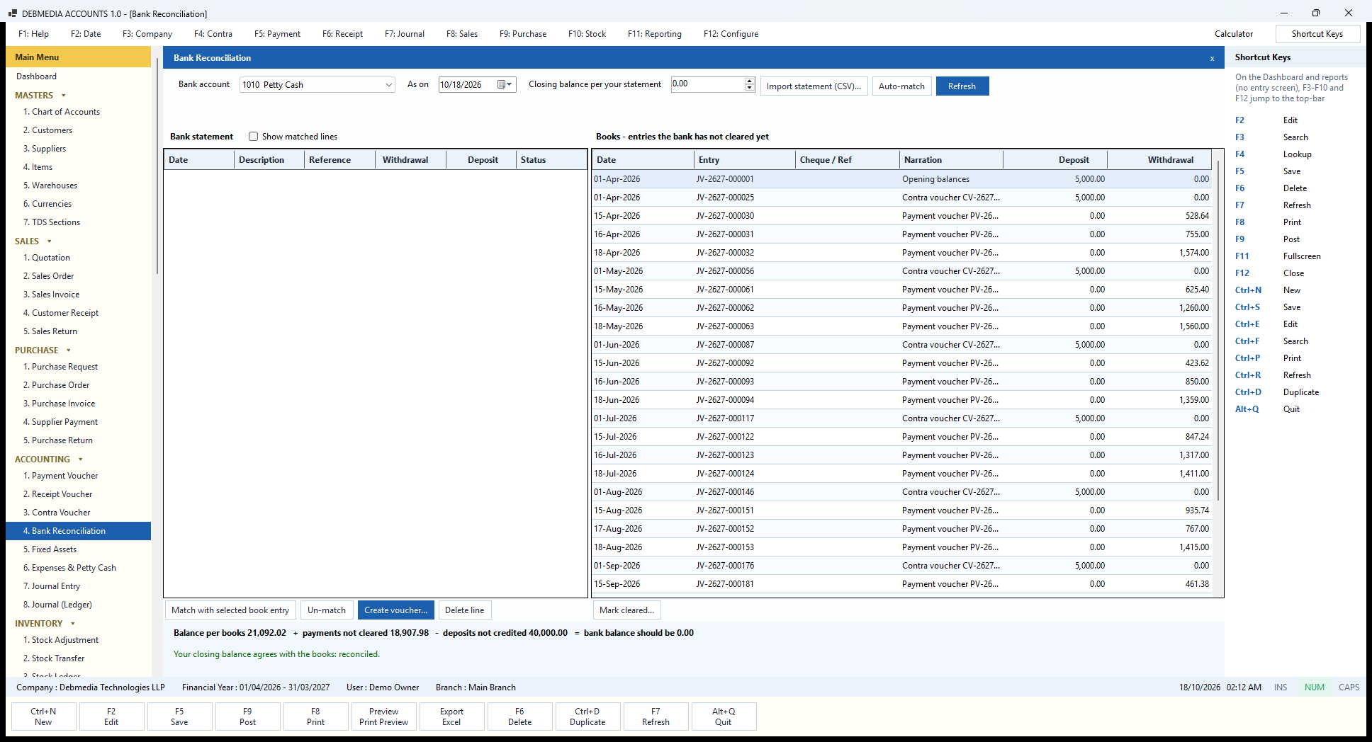 Debmedia Accounts Bank Reconciliation: The Bank Reconciliation screen: the imported bank statement on the left, the book entries the bank has not cleared on the right, and the buttons to import, auto-match, match, create a voucher and mark cleared.