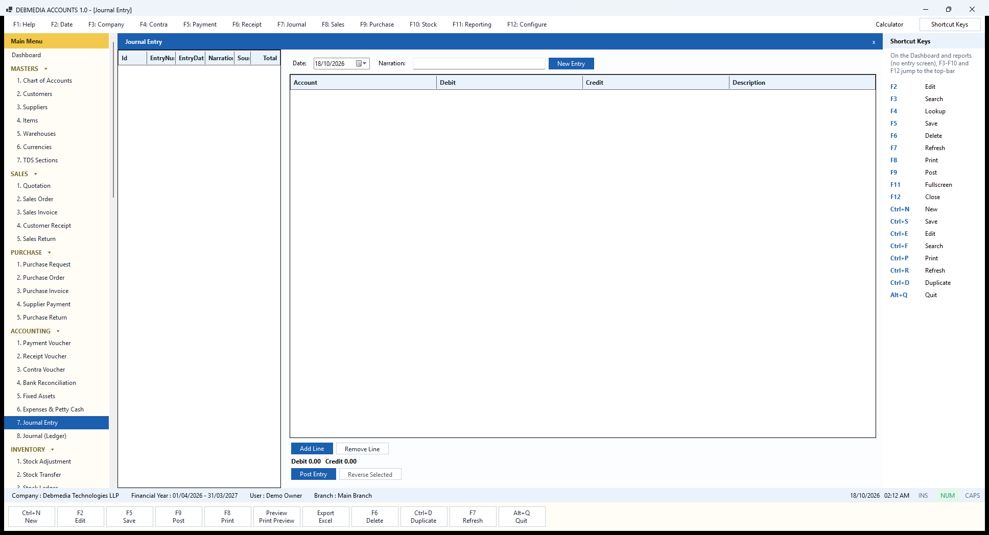 Debmedia Accounts Journal Entry: The Journal Entry screen: manual journals on the left, and on the right the date, narration and debit and credit lines of a new entry, with Post Entry and Reverse Selected.