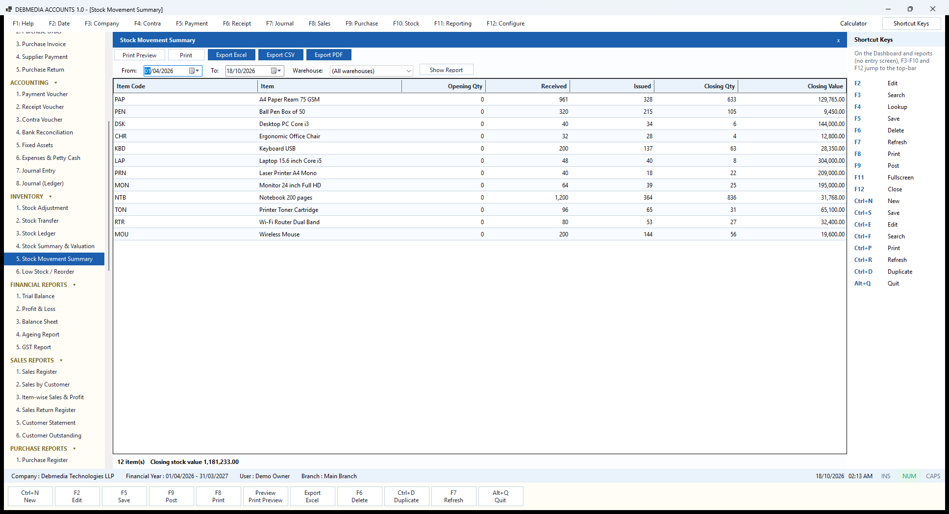 Debmedia Accounts Stock Movement Summary: The Stock Movement Summary: opening quantity, received, issued, closing quantity and closing value for every item over a period.