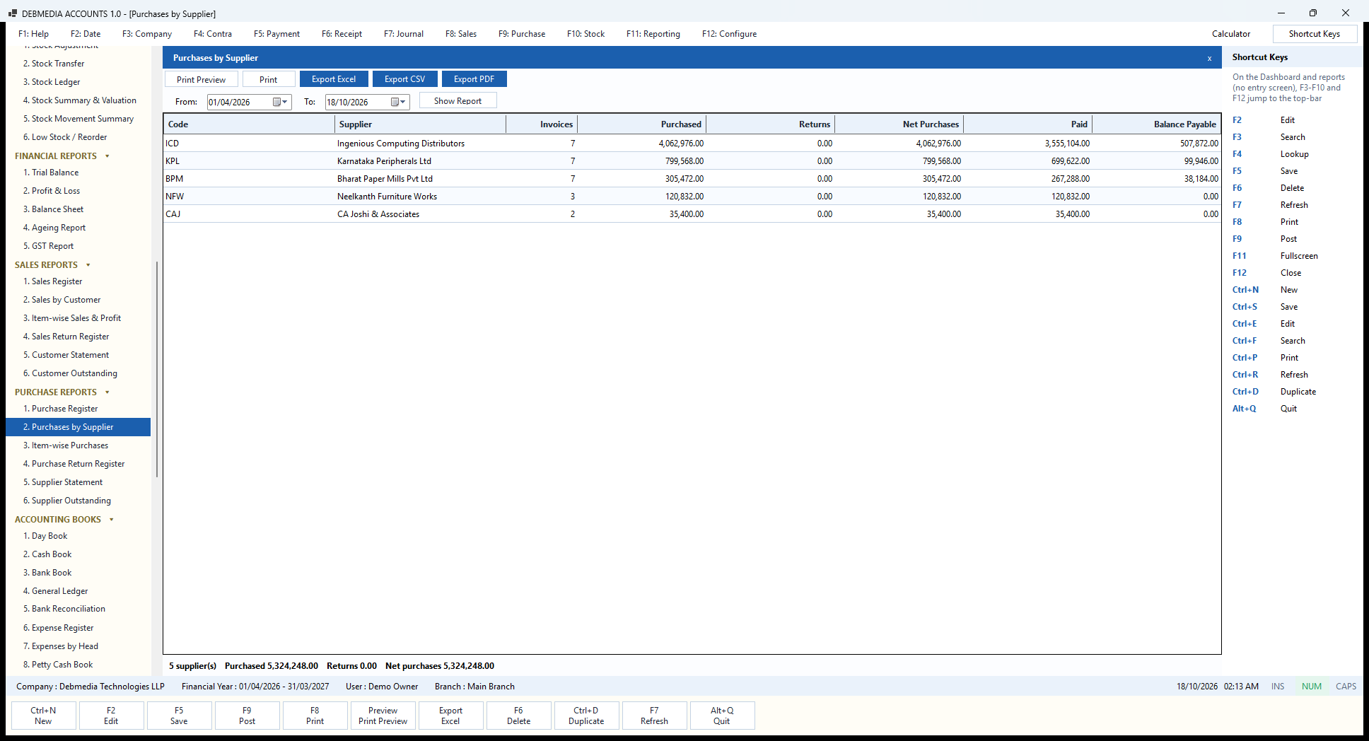 Debmedia Accounts Purchases by Supplier: Purchases by Supplier: for each supplier the number of bills, purchased, returns, net purchases, paid and balance payable.